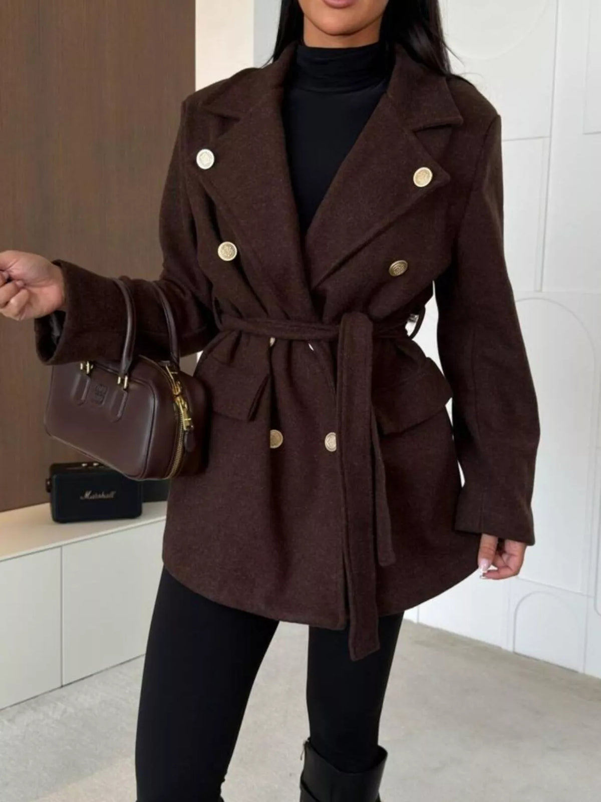 Black double-breasted belted wool-blend coat