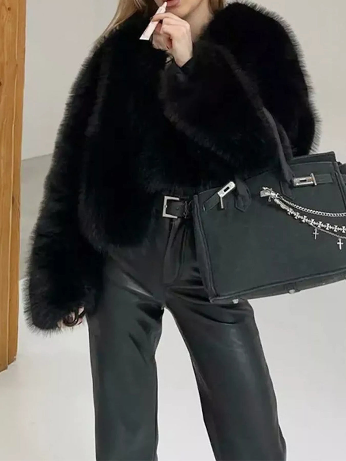 Faux Fur Cropped Coat in black