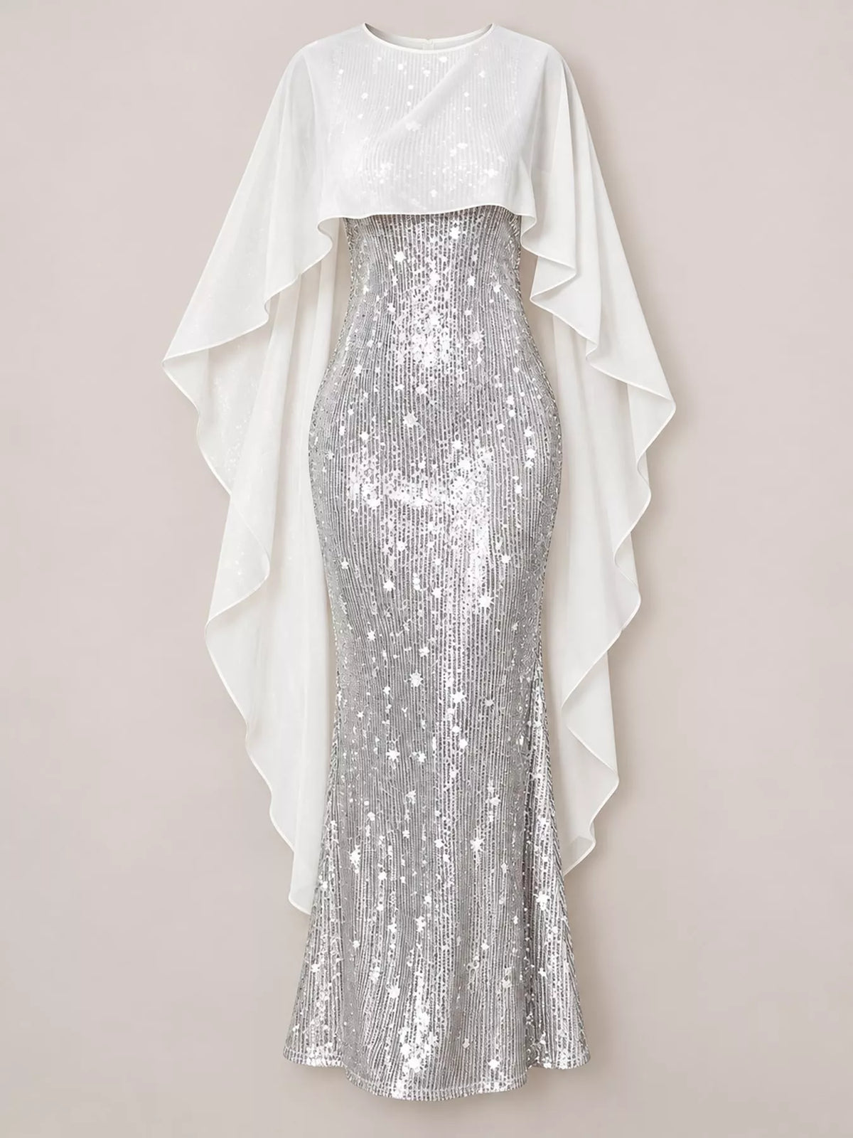 Women's Sequin Cape Overlay Evening Dress in silver — flat lay view