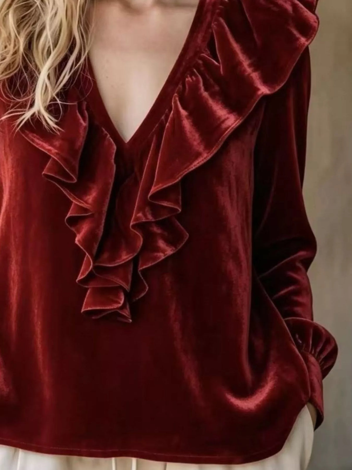 Burgundy Velvet Ruffled V-Neck Long Sleeve Blouse ruffle and hem detail