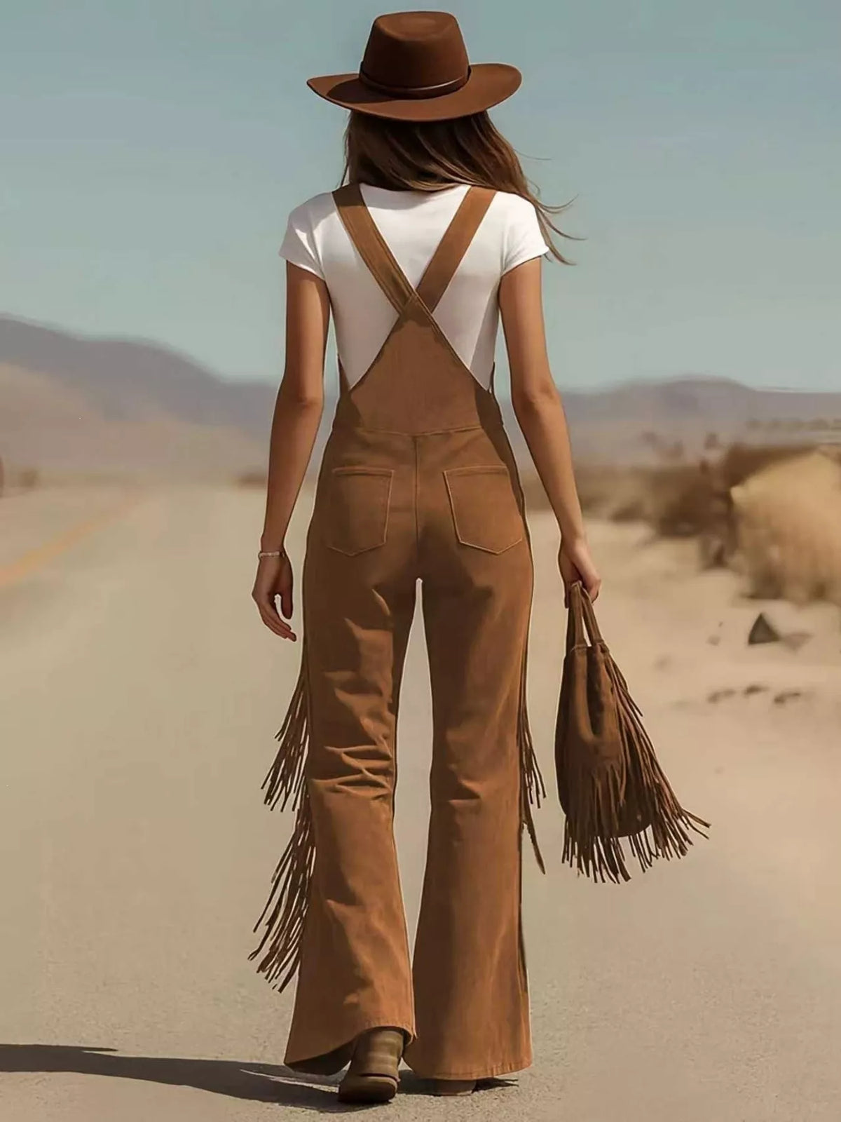 Fringe detail flare leg overalls