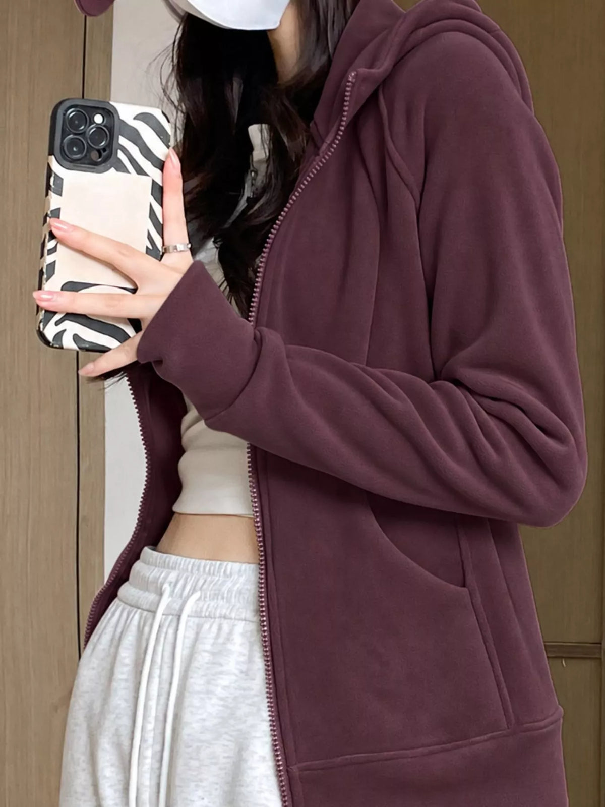 Slim-Fit Full-Zip Thumb Hole Long Sleeve Hoodie with Pockets — side view