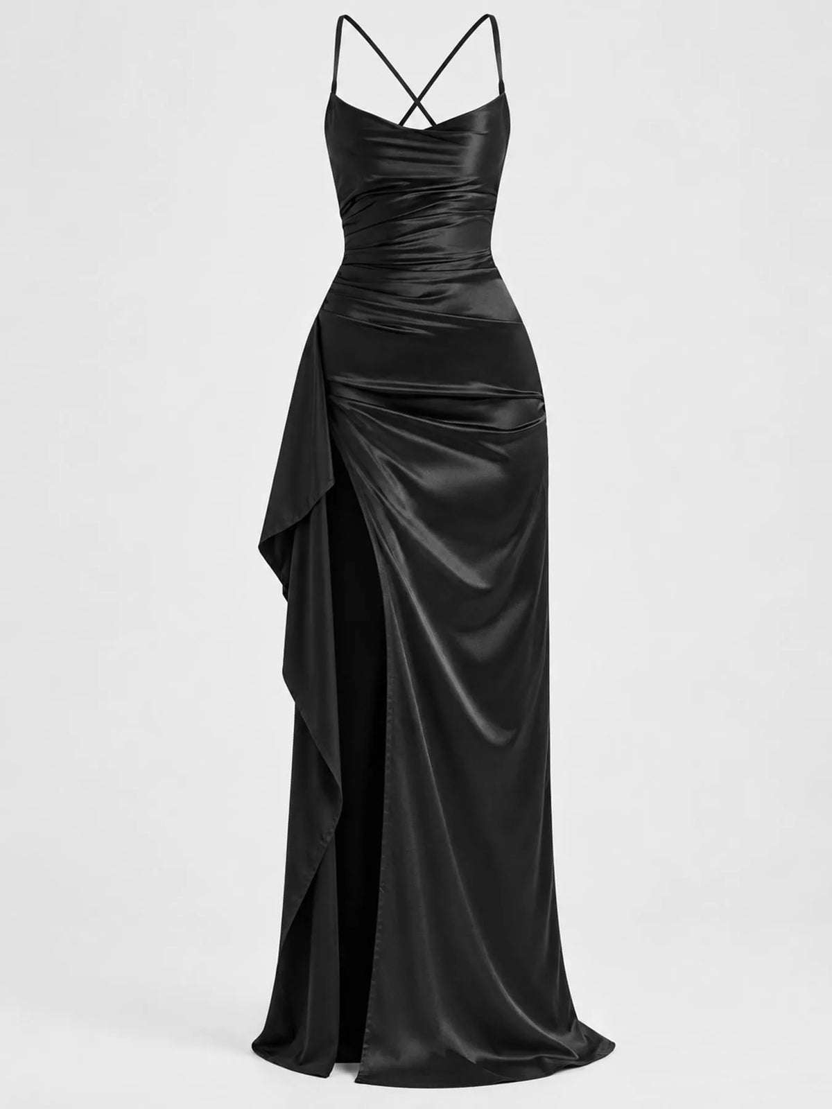 Black satin ruched high slit maxi dress, front view