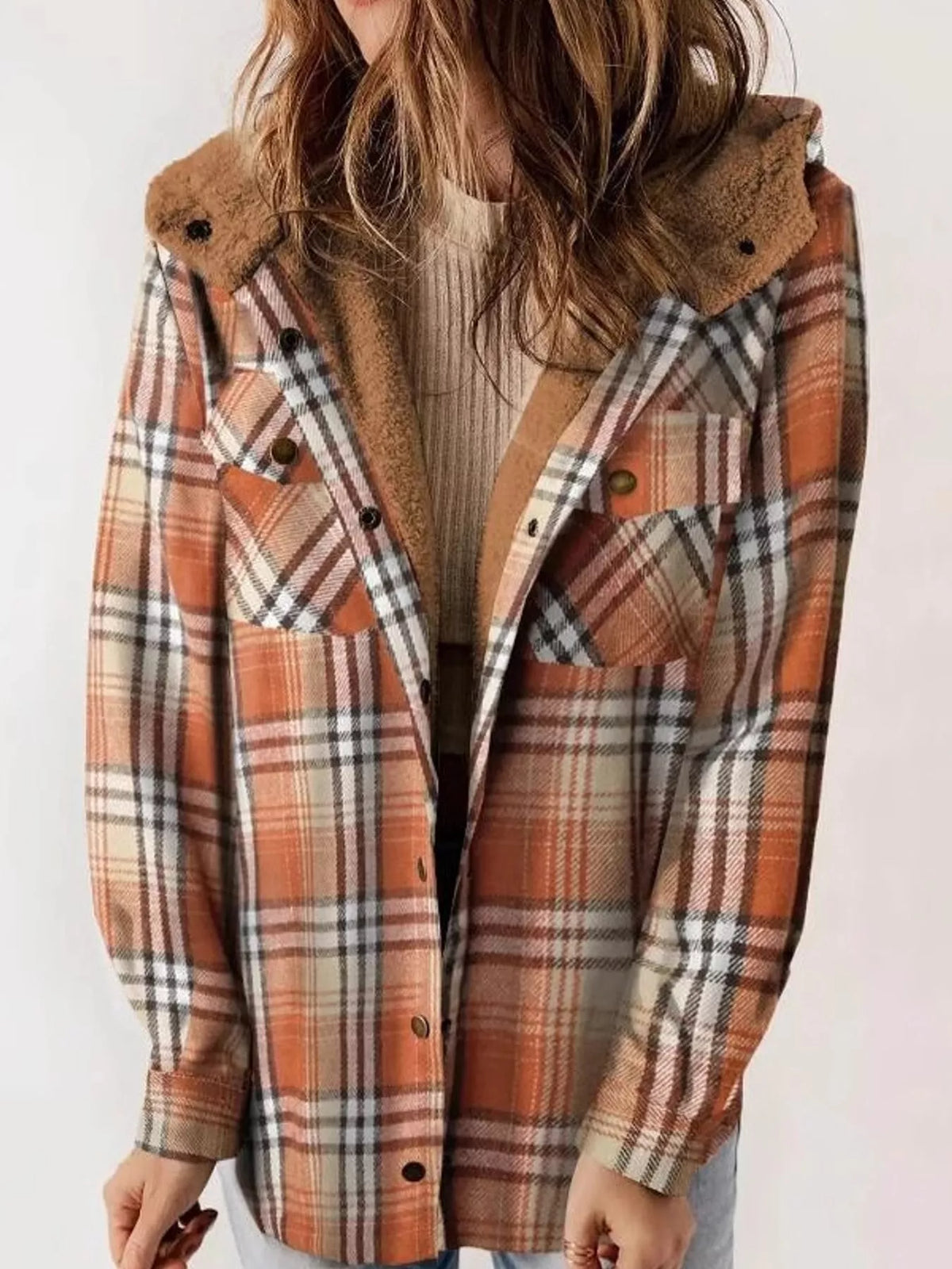 Orange Grid sherpa-lined plaid hooded jacket