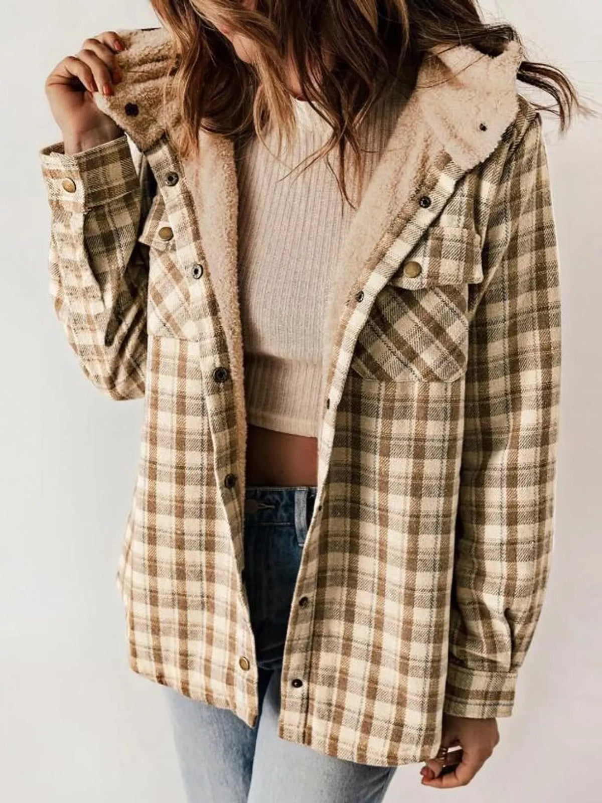 Khaki sherpa-lined plaid hooded jacket