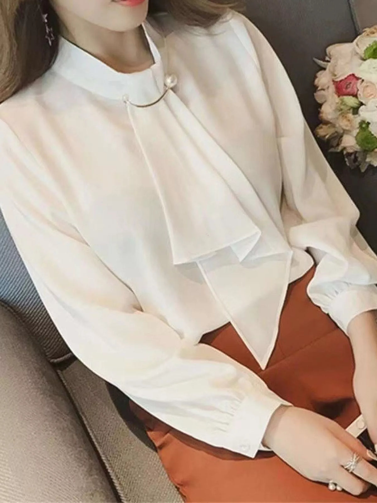 Mock Neck Blouse with Pearl Accent and Lantern Sleeves, detail view in white
