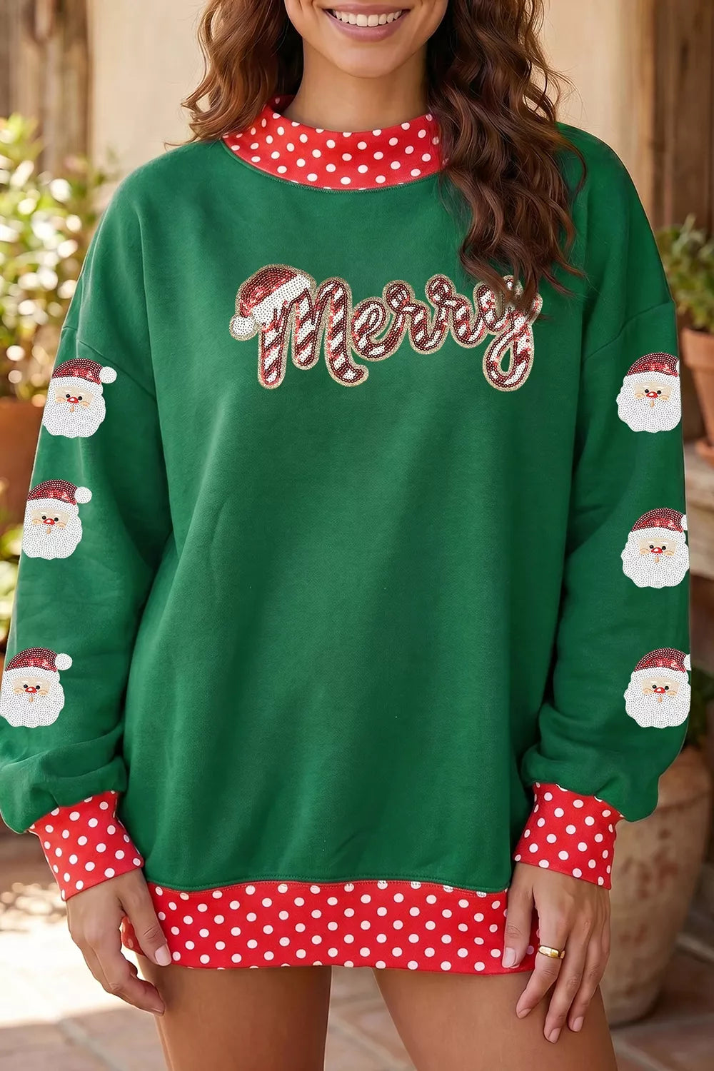 Santa Merry Sequin Mock Neck Sweatshirt — front view