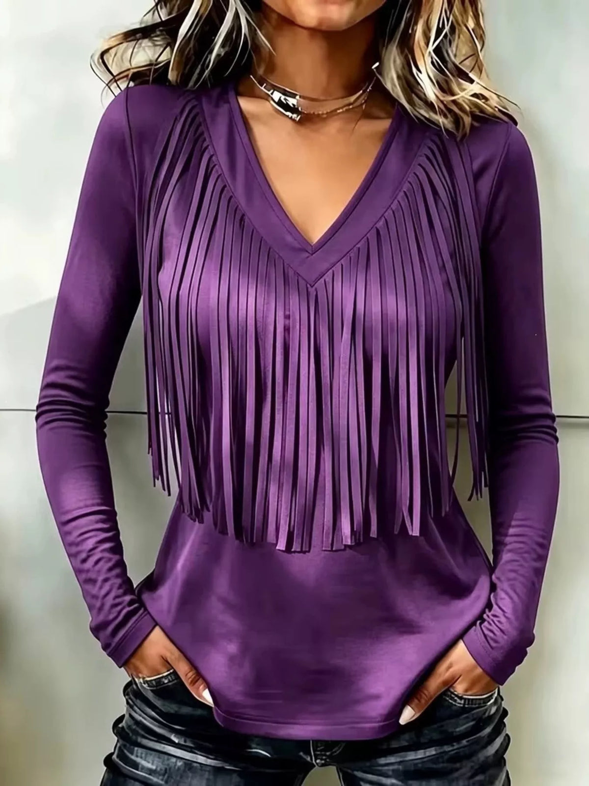 Purple fringe V-neck top, front view