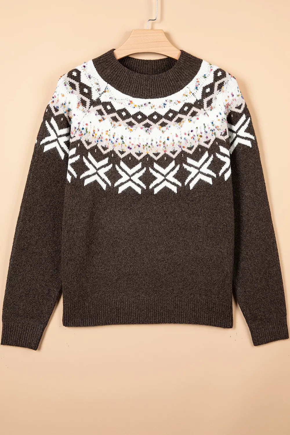 Women's Geometric Round Neck Sweater with Colorful Confetti Accents in brown — flat lay view
