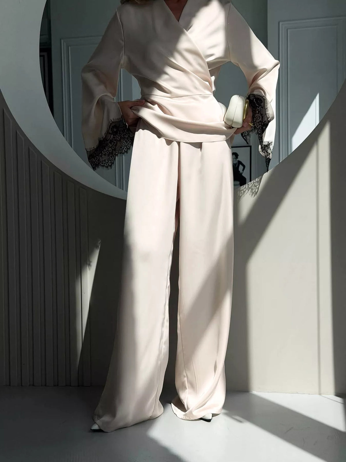 Trendsi Lace Trim Wrap Top and Pants Set -