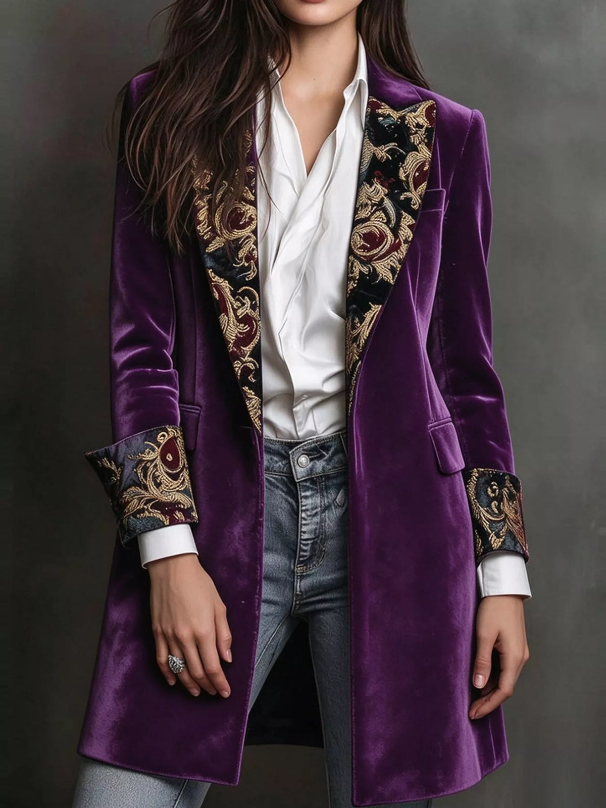 Purple (with Lining) floral lapels and cuffs velvet blazer