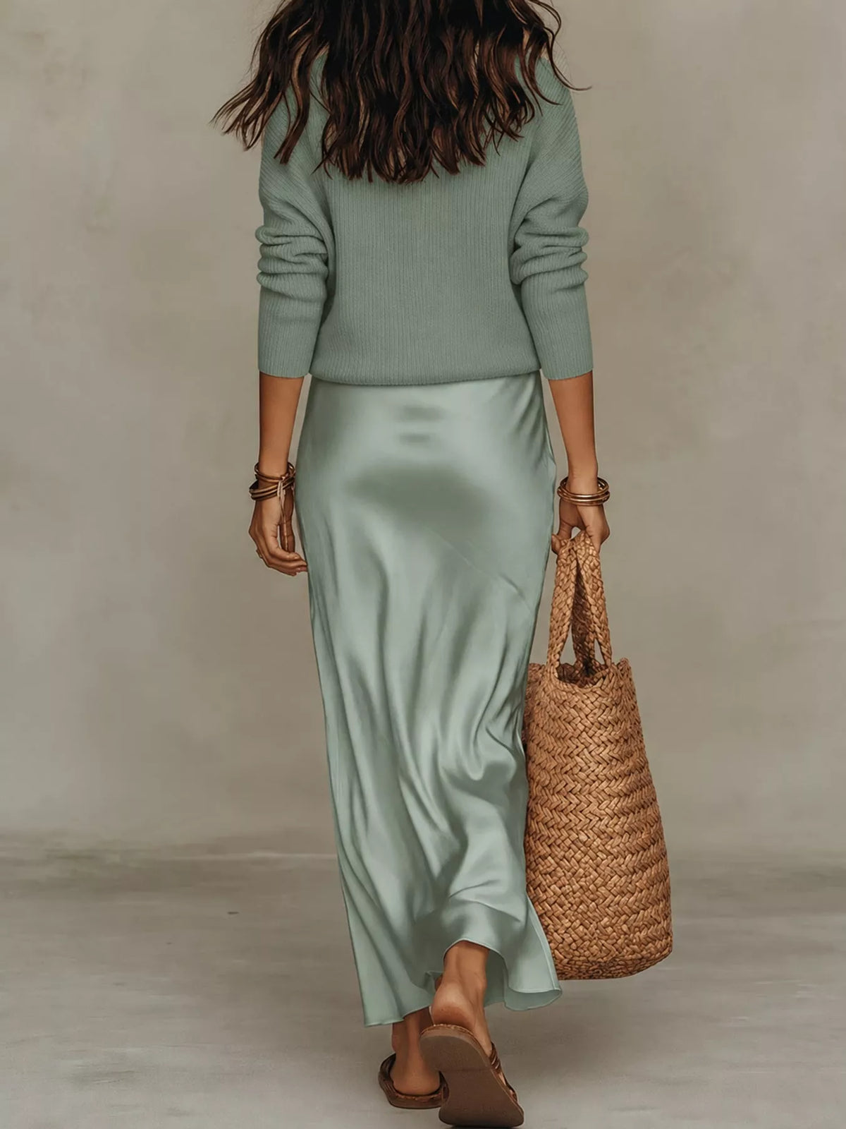Dark Blue-Set v-neck top and satin midi skirt set, back view