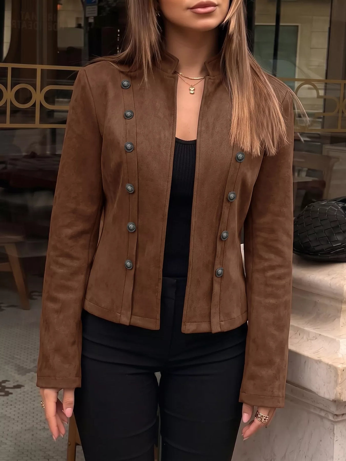 Brown stand collar cropped jacket with decorative buttons, front styled view