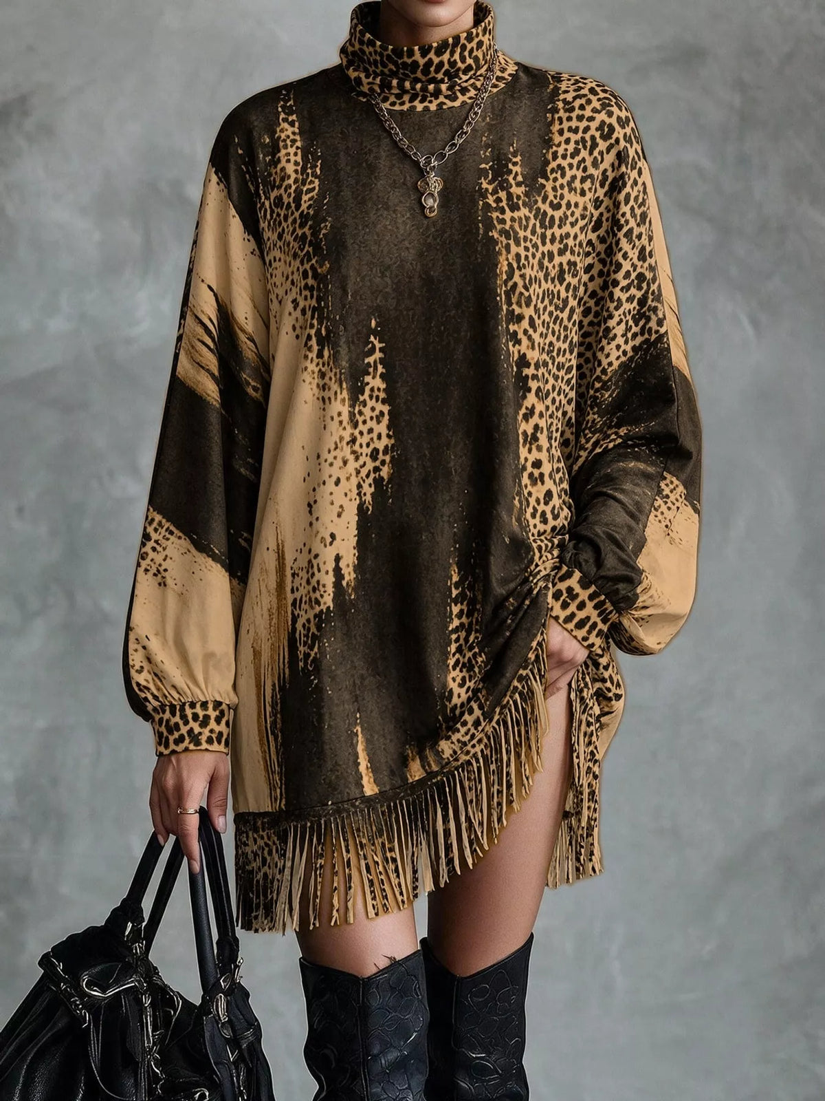 Leopard fringe dress, brown front