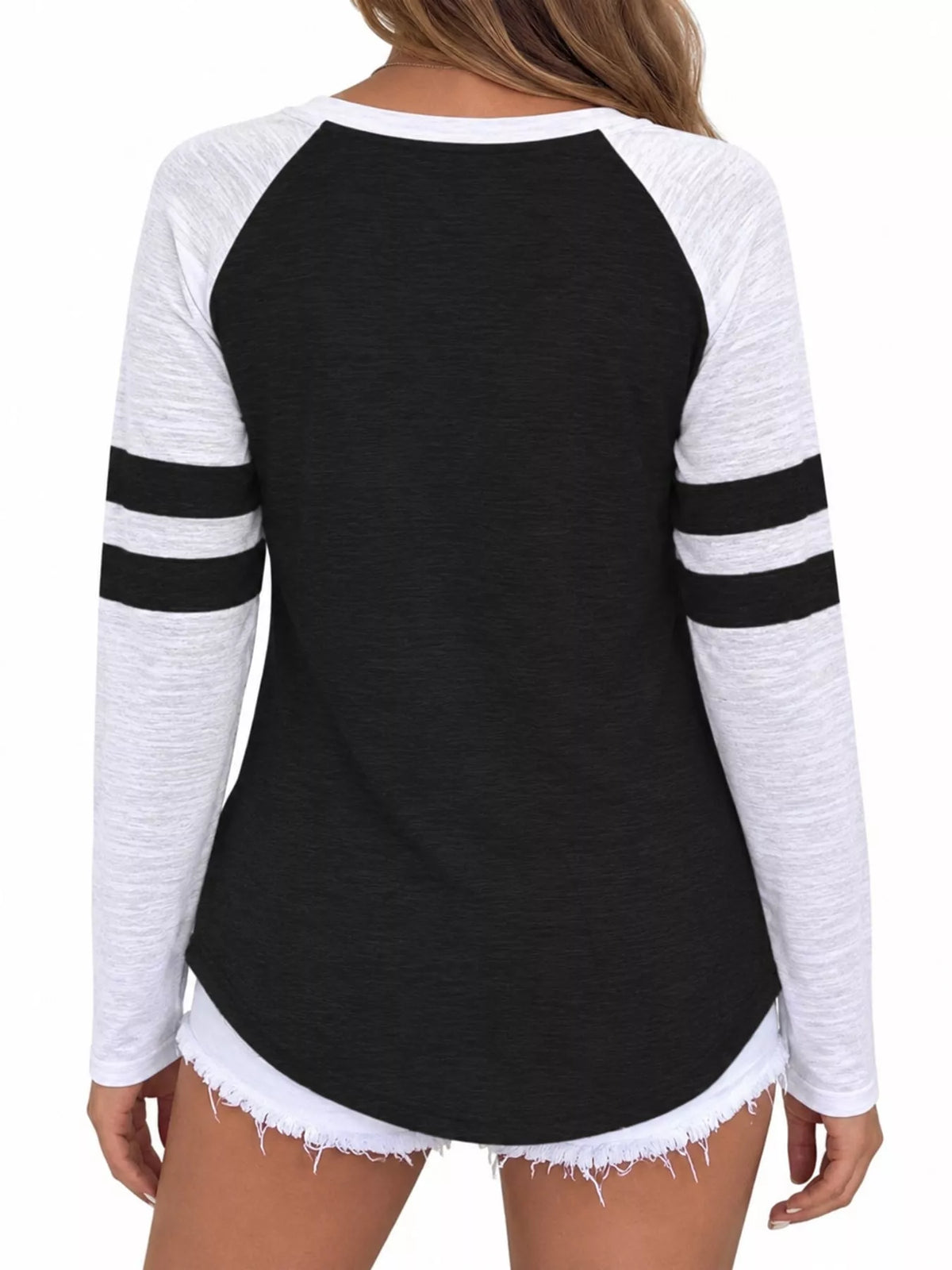 Black color-block raglan sleeve striped t-shirt, back view