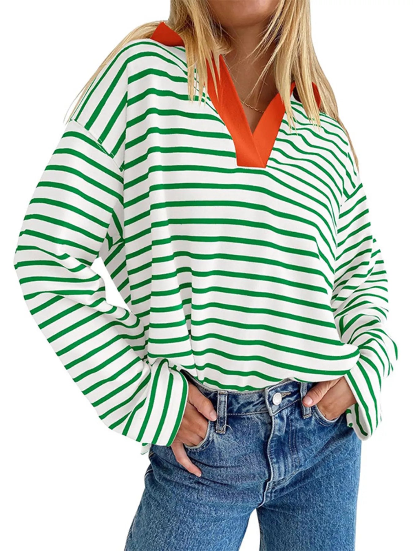 Trendsi Oversized Striped Johnny Collar T-Shirt -