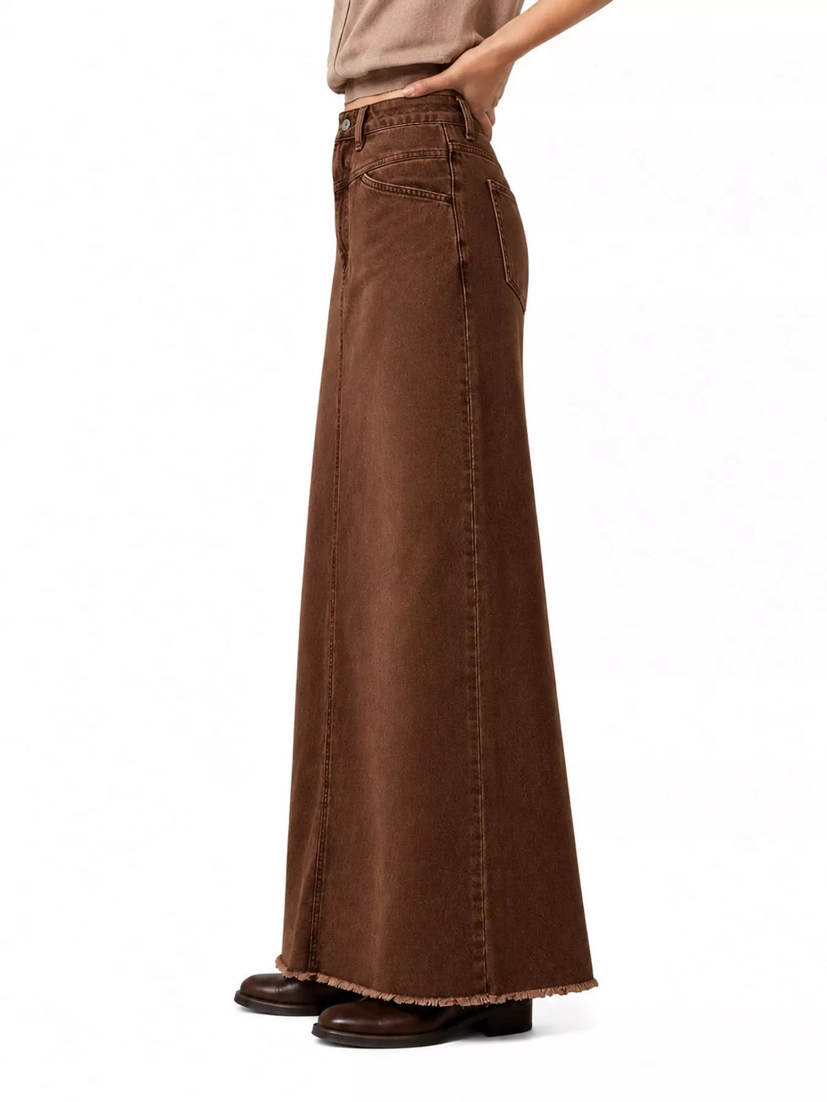 Raw Hem Maxi Denim Skirt — side view