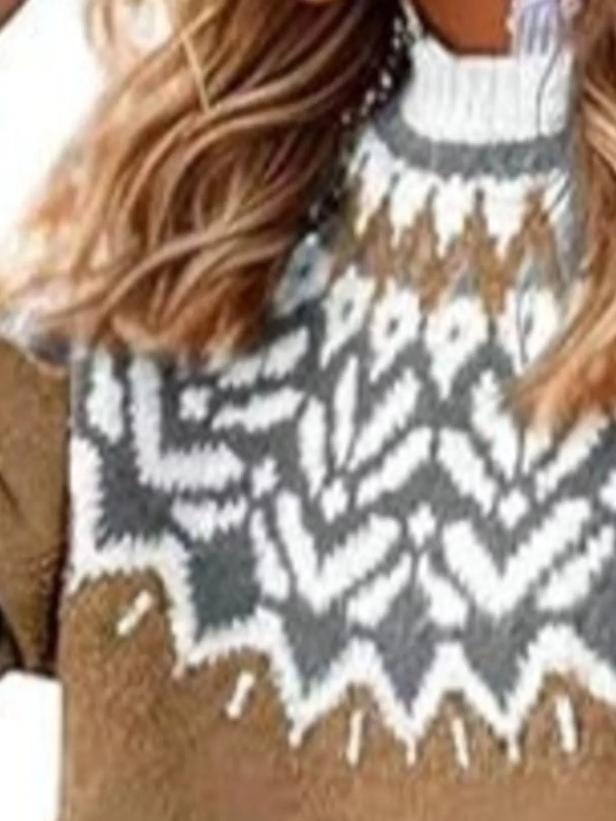 Fair Isle Patterned Long Sleeve Sweater in brown, pattern detail