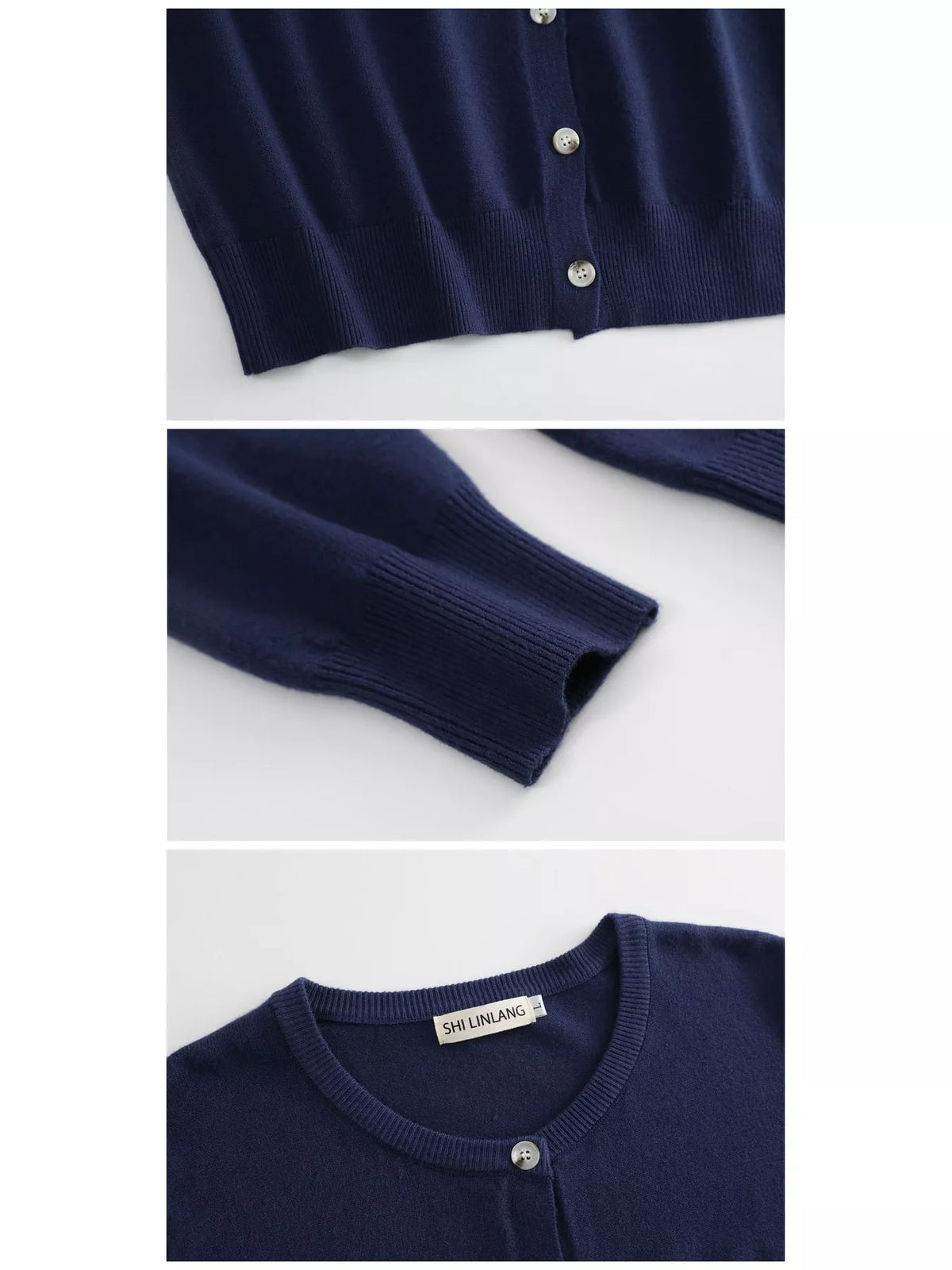 Navy blue crew neck button down knit cardigan, detail view