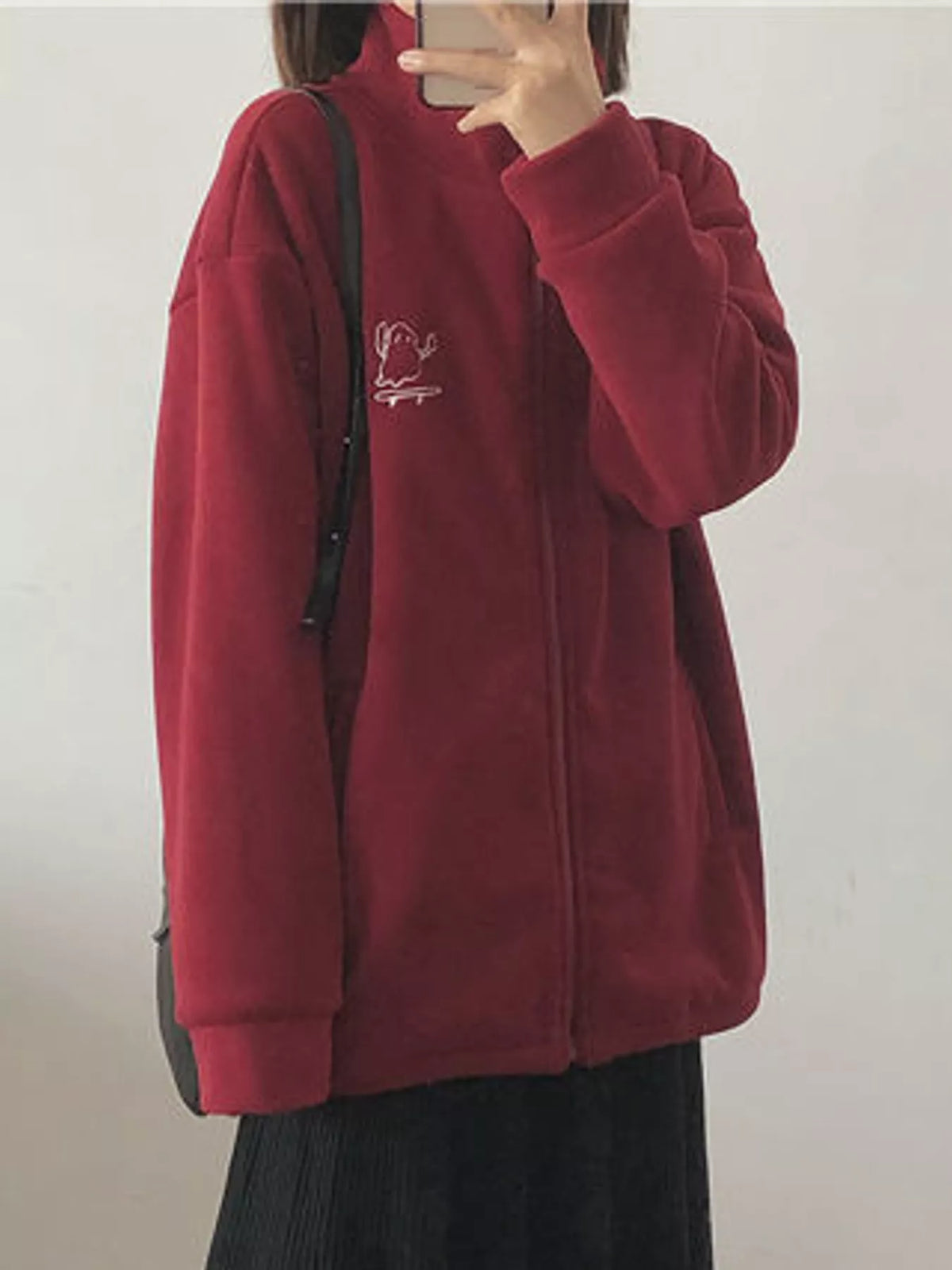 Burgundy fleece stand-collar zip-up jacket