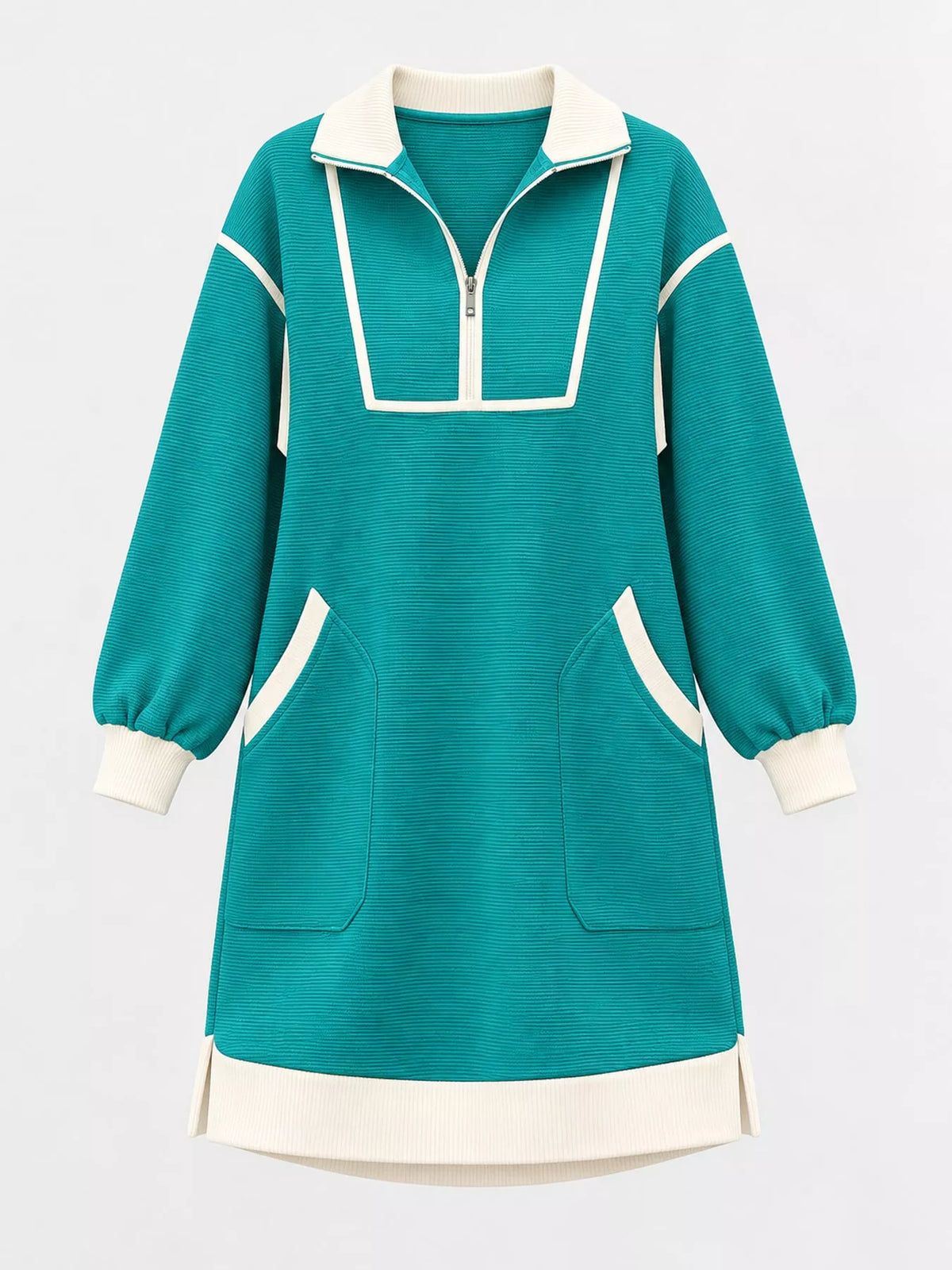 Teal color block quarter-zip sweatshirt dress — front view