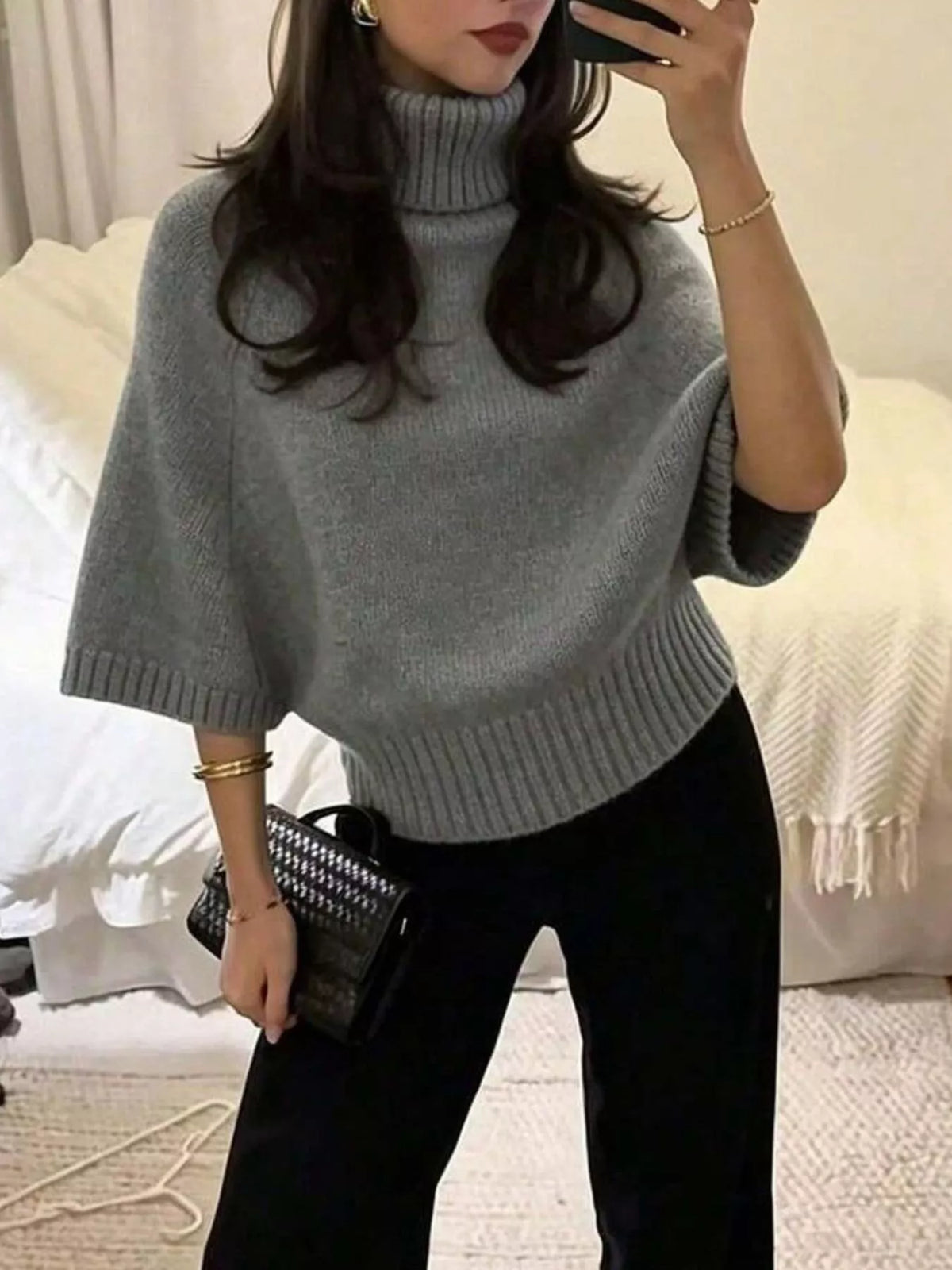 Turtleneck batwing top, gray front