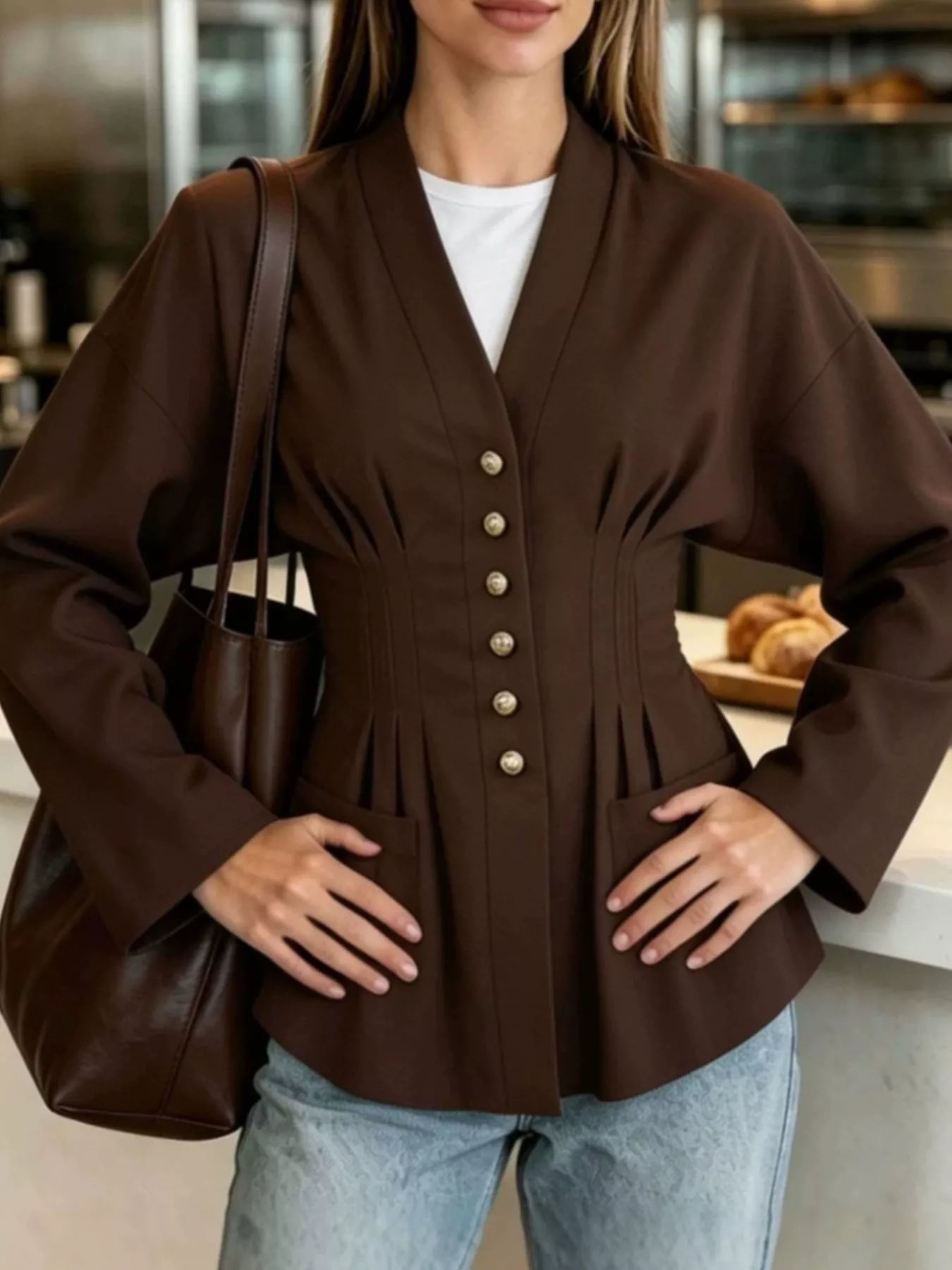 Trendsi Pleated Waist Blouse with Button Detail -