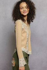Trendsi POL Floral Patch V-Neck Long Sleeve Ribbed Top -