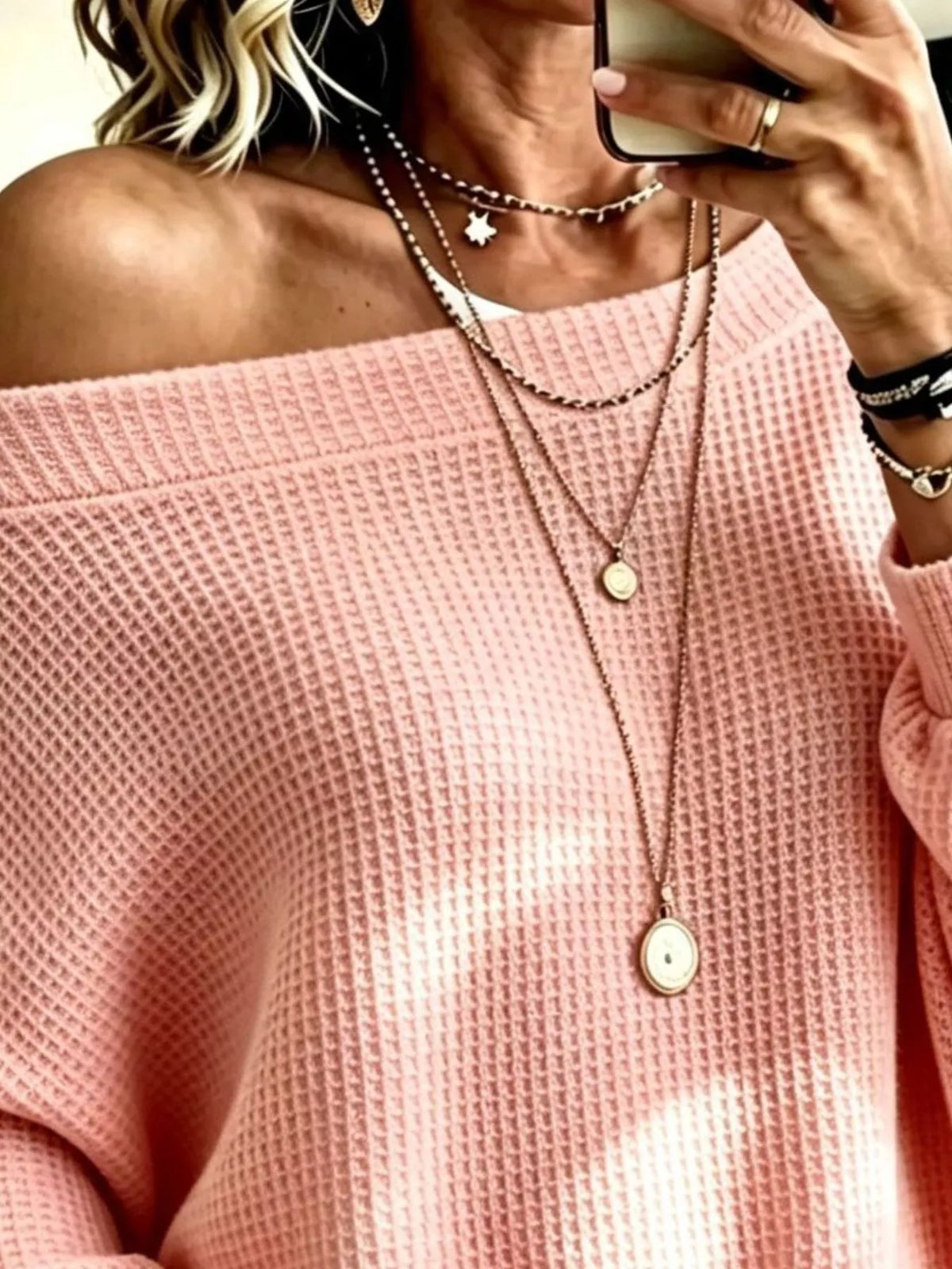 Women's Waffle Knit Boat Neck Sweatshirt in pink — front view