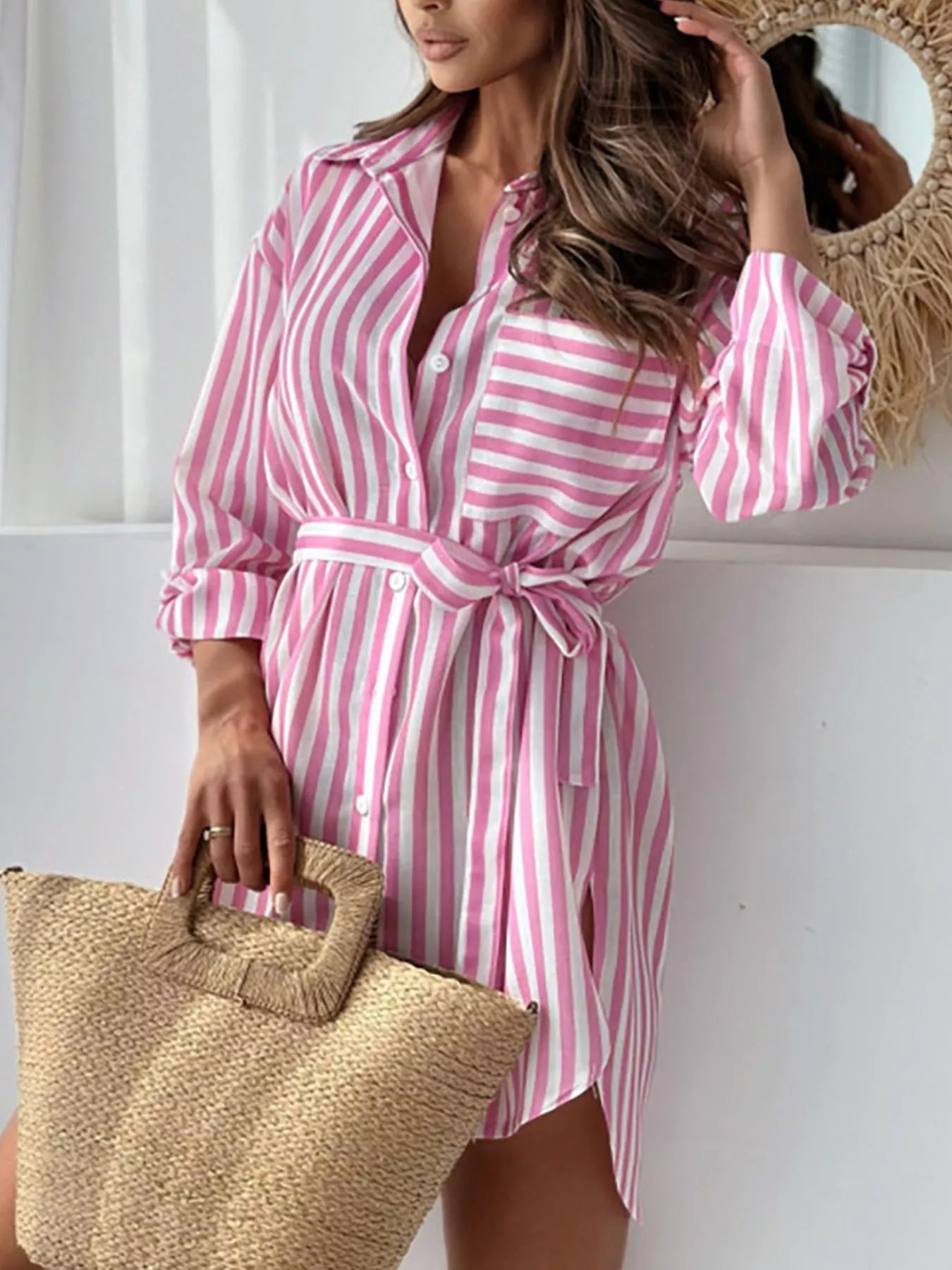 Trendsi Printed Long Sleeve Tie Waist Oversized Shirt -
