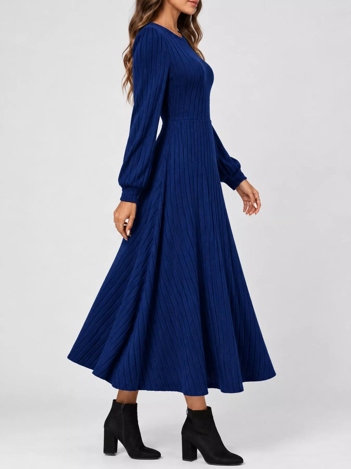 Women's Ribbed Knit Long Sleeve A-Line Midi Dress in blue — side view