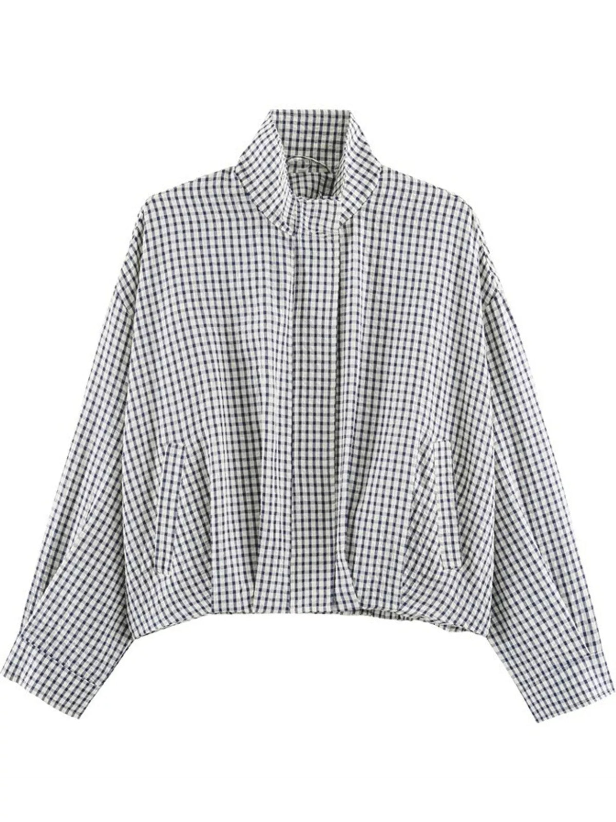 Navy Plaid plaid stand-collar cropped jacket