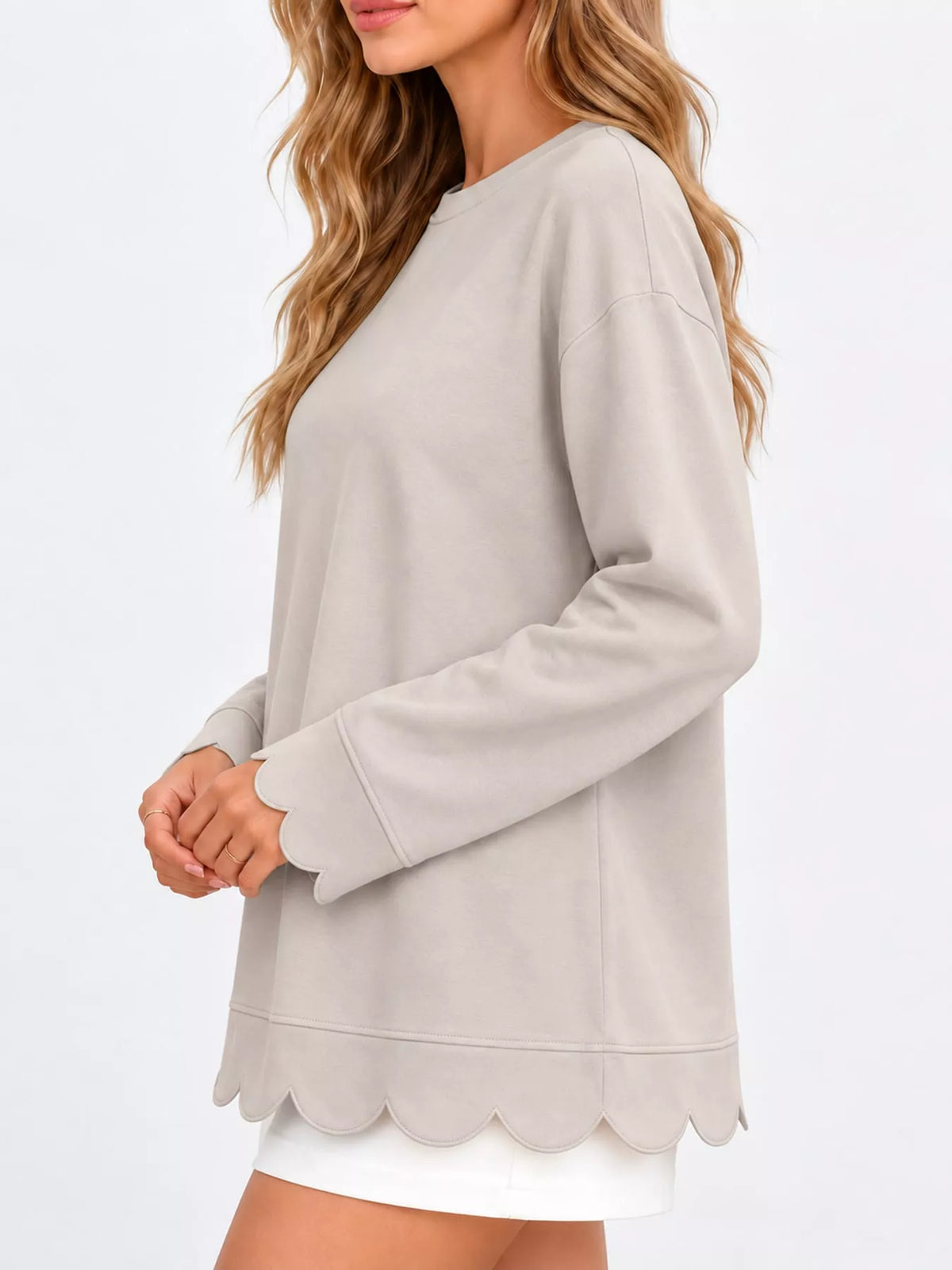 Gray Apricot scalloped hem crewneck sweatshirt