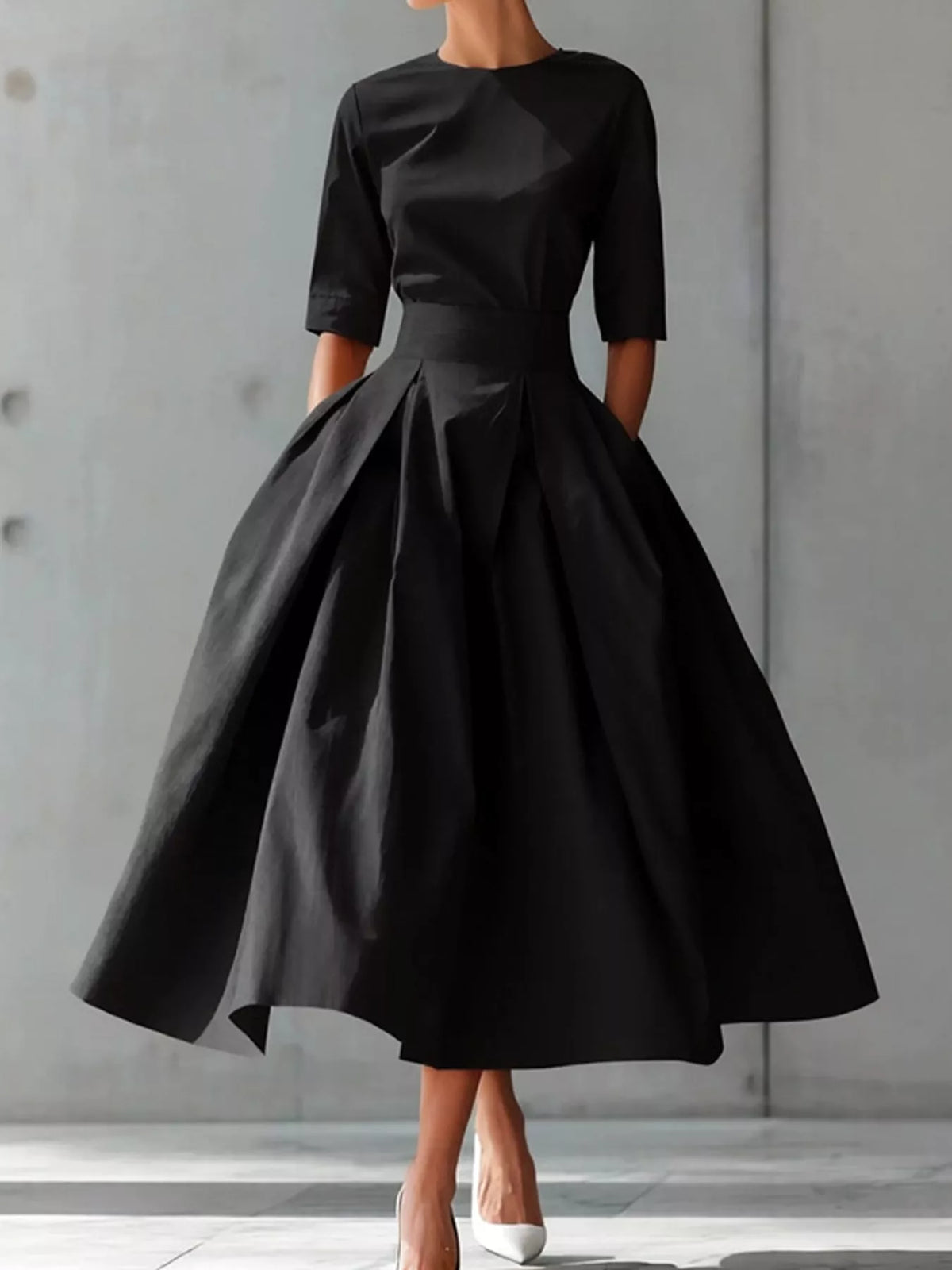 Round neck short sleeve midi dress, front view on model