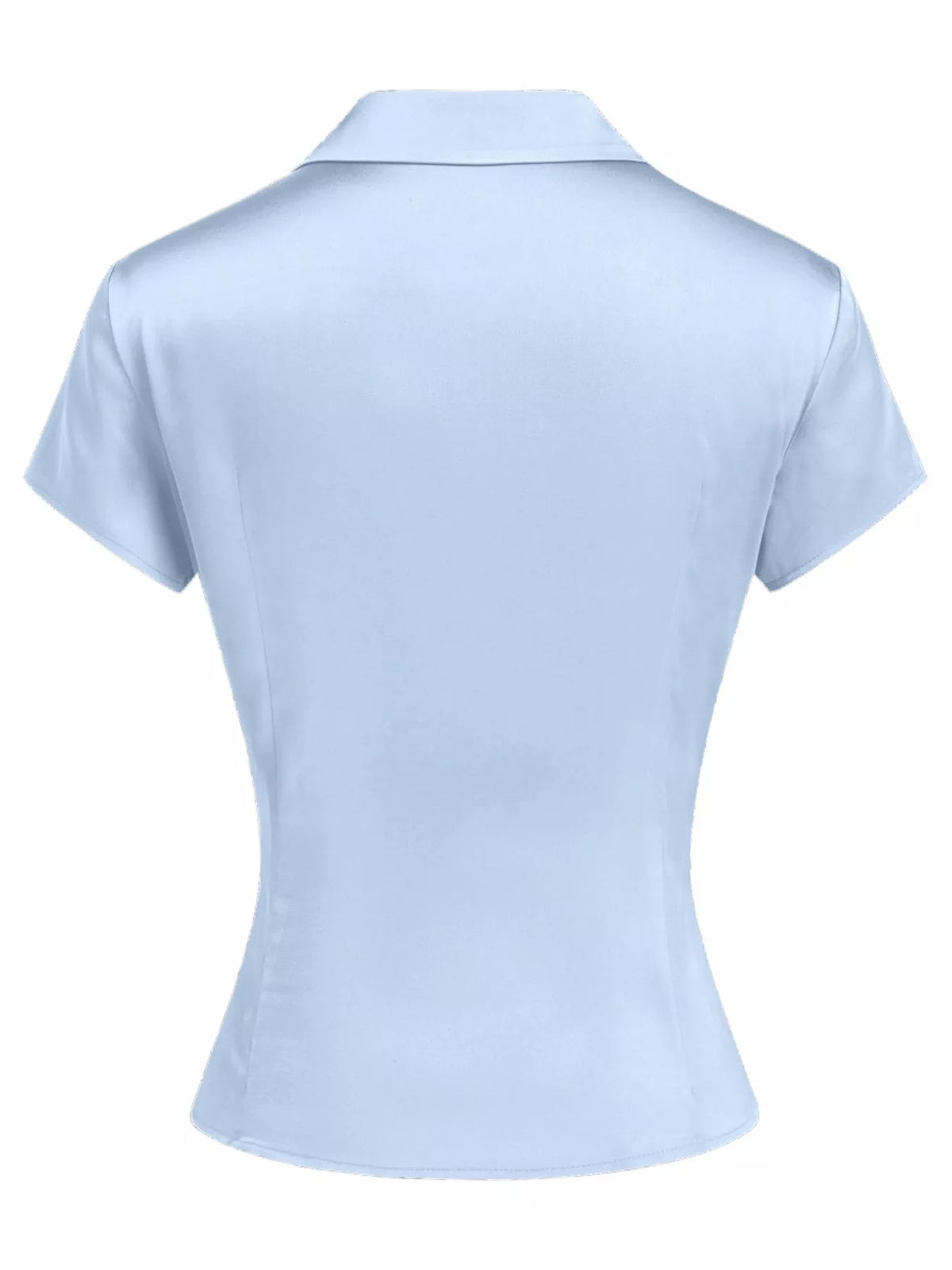 Satin Short Sleeve Button-Down Shirt, back view in light blue