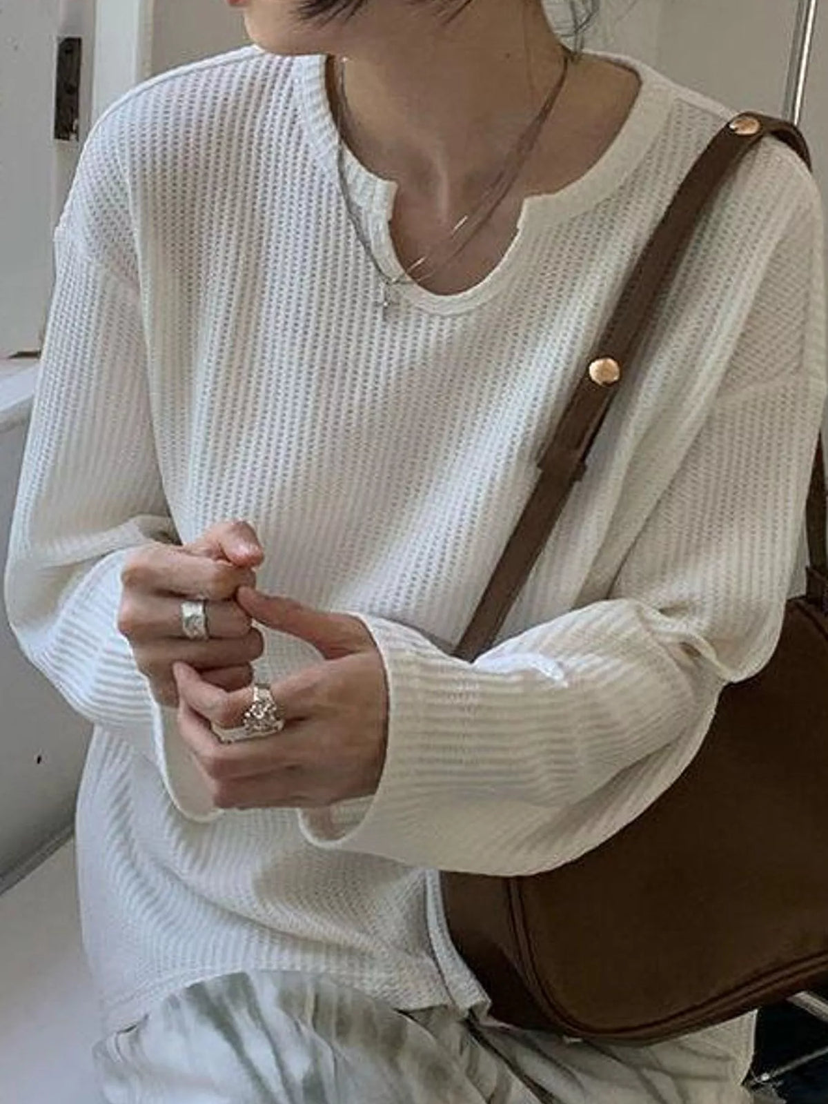 Split-Neck Waffle Knit Long Sleeve T-Shirt — front view