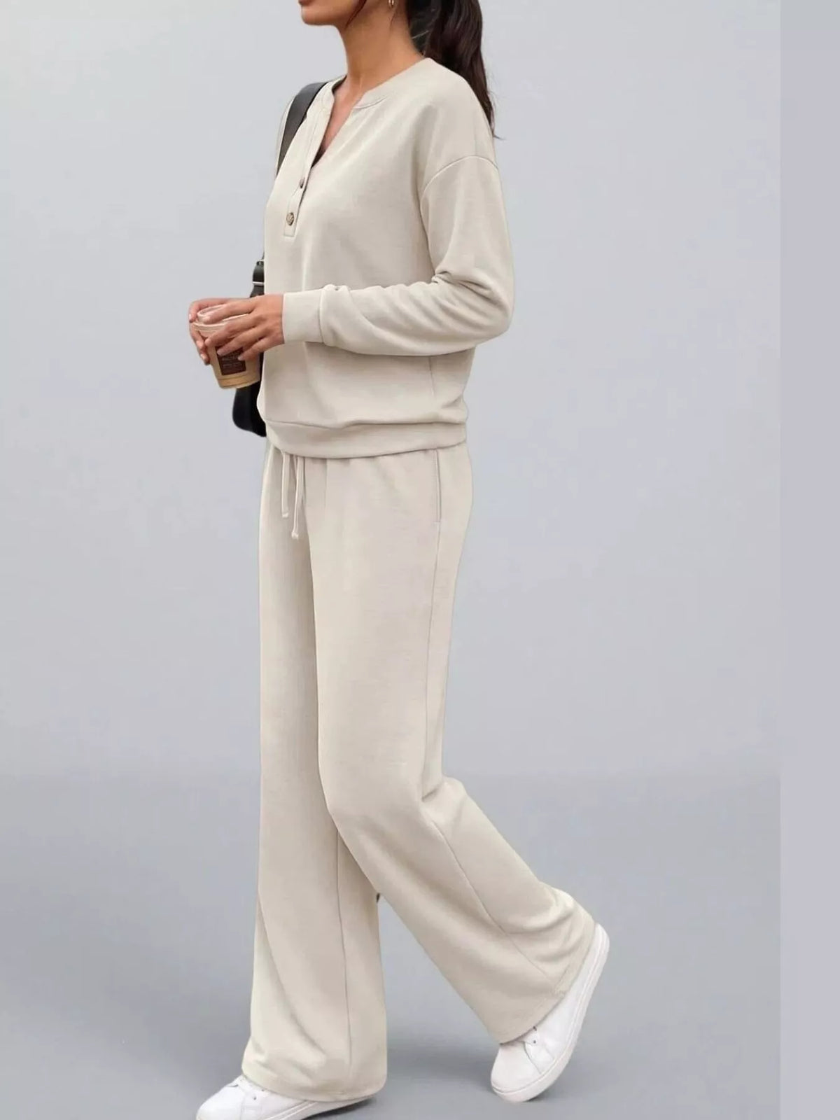 Beige button detail top and wide-leg pants set — side view