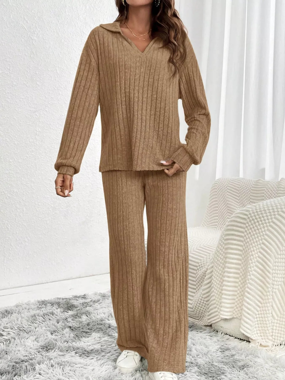 Ribbed Knit Collared Top and Wide Leg Pants Set in camel
