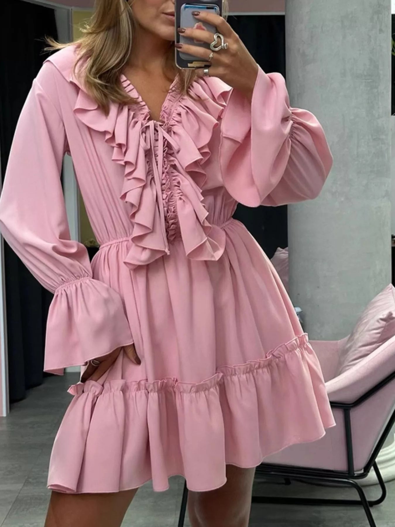 Trendsi Ruffled V-Neck Long Sleeve Mini Dress -