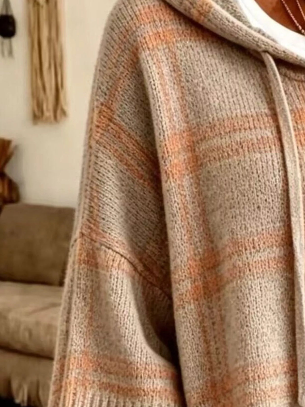 Taupe plaid hooded sweater, shoulder and knit detail