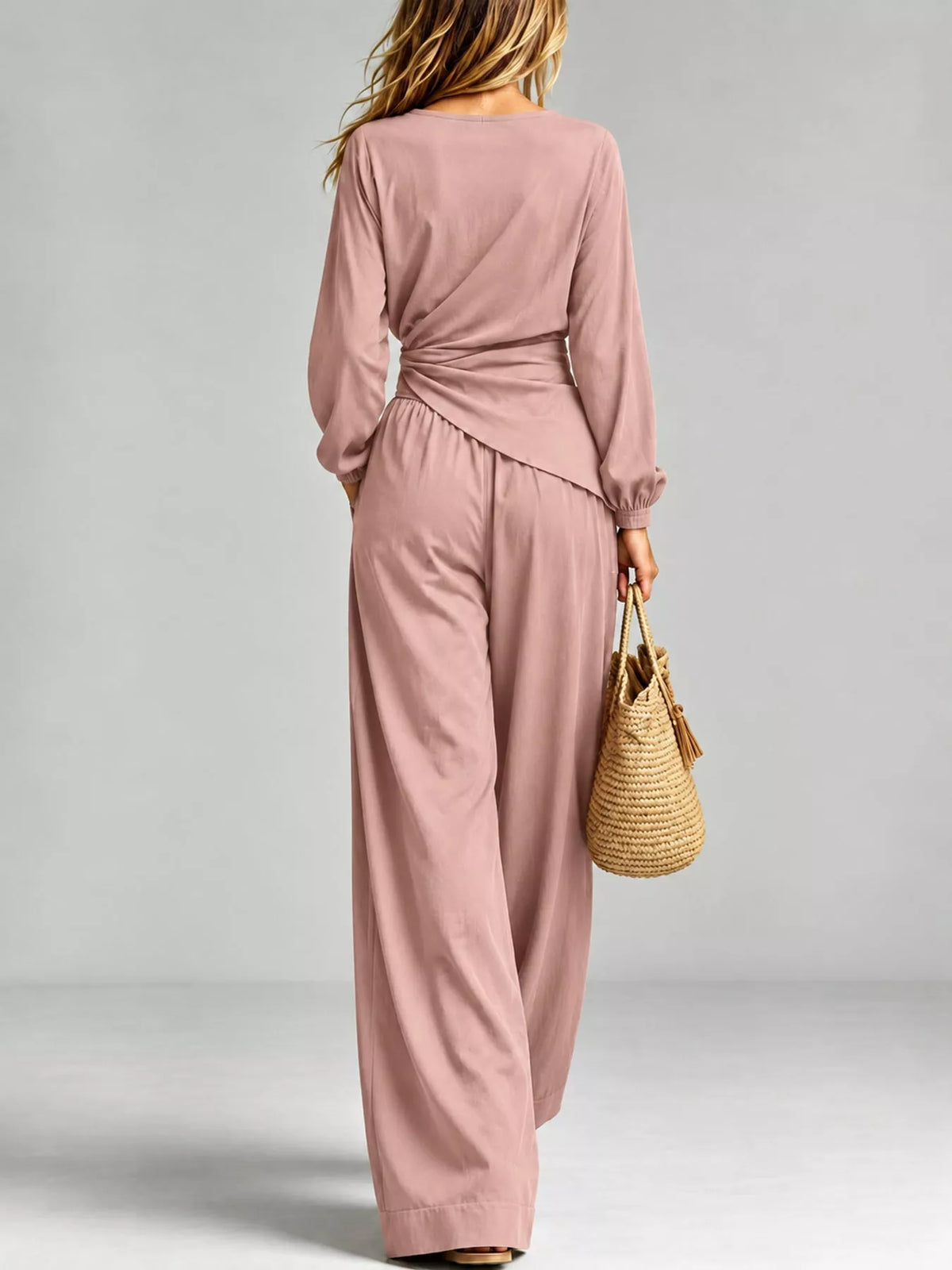 V-Neck Long Sleeve Top and Wide-Leg Pants Set — back view