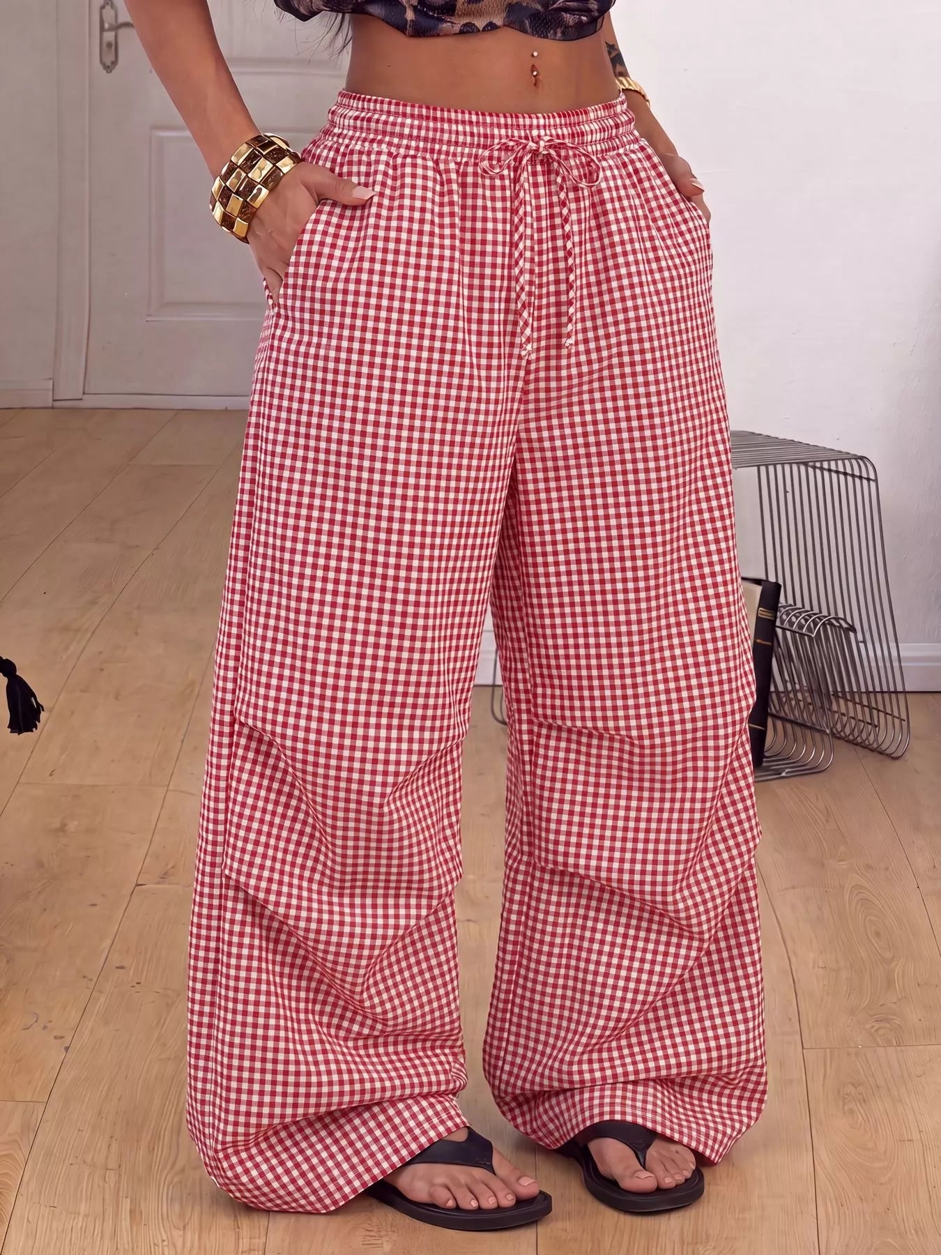 Trendsi High-Waisted Gingham Wide-Leg Drawstring Pants -