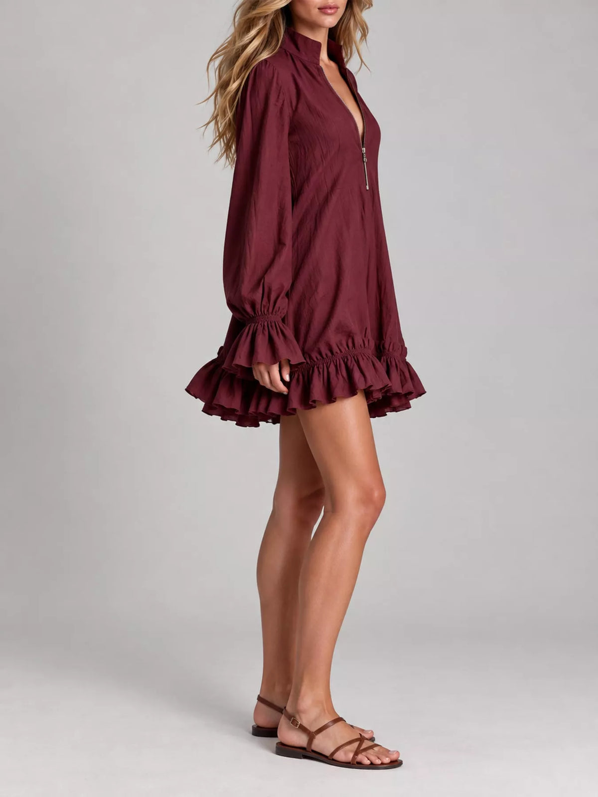 Ruffled-hem mini dress, burgundy side