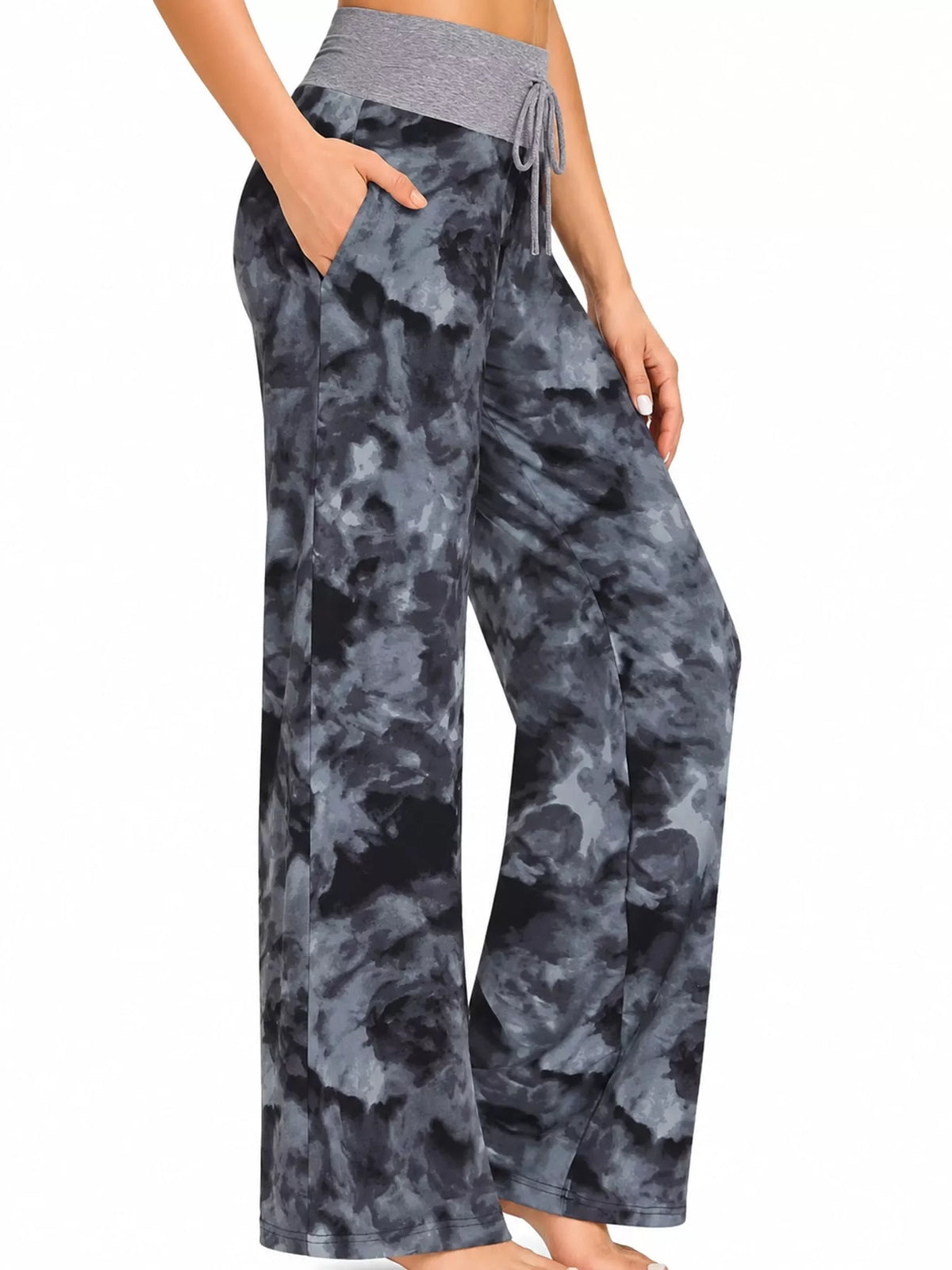 Wide-leg lounge pants, gray tie-dye side