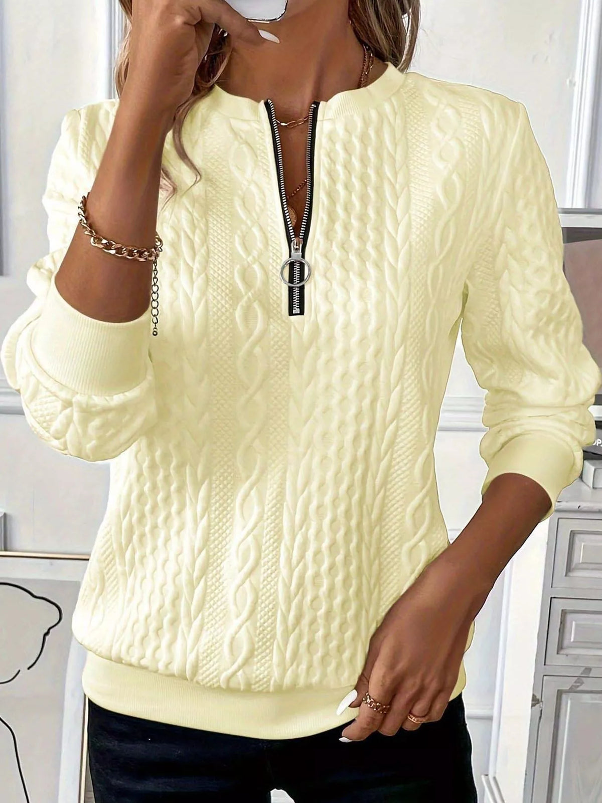 Quarter-Zip Cable Knit Sweatshirt — front view