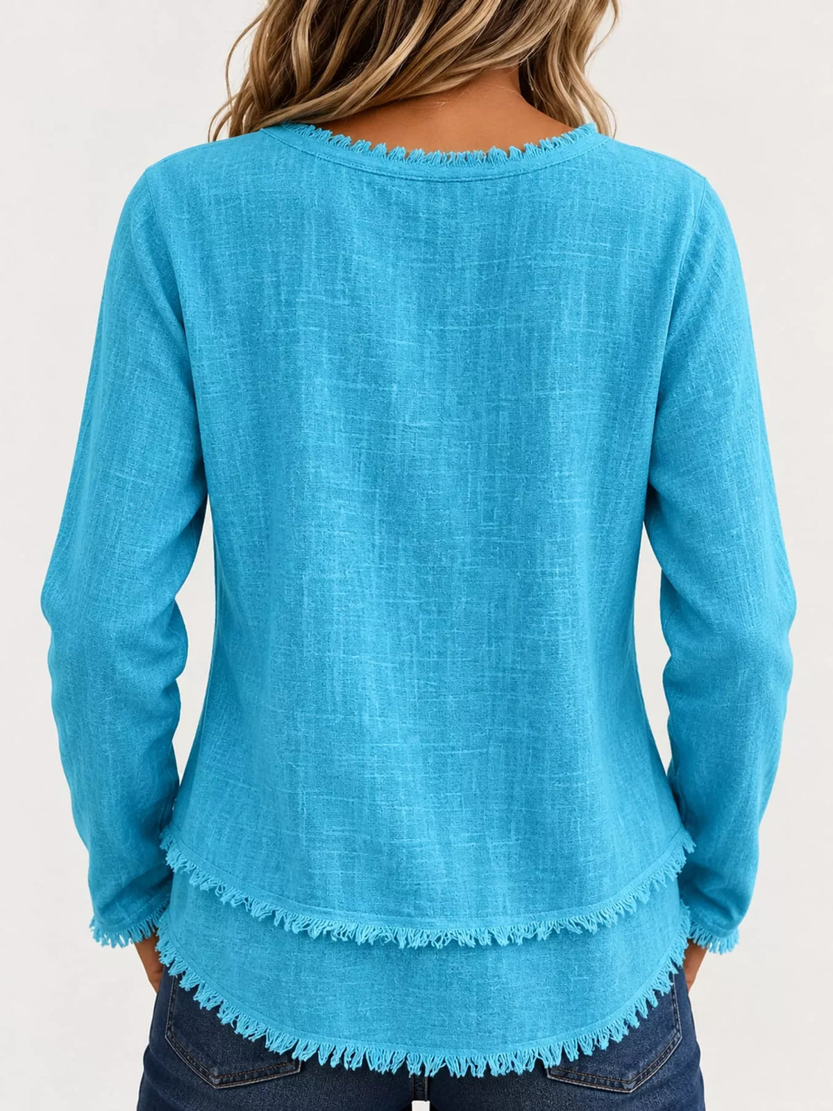 Frayed V-neck blouse, turquoise back