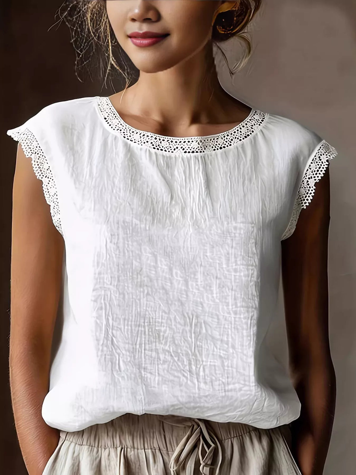 Trendsi Lace Trim Round Neck Sleeveless Blouse -