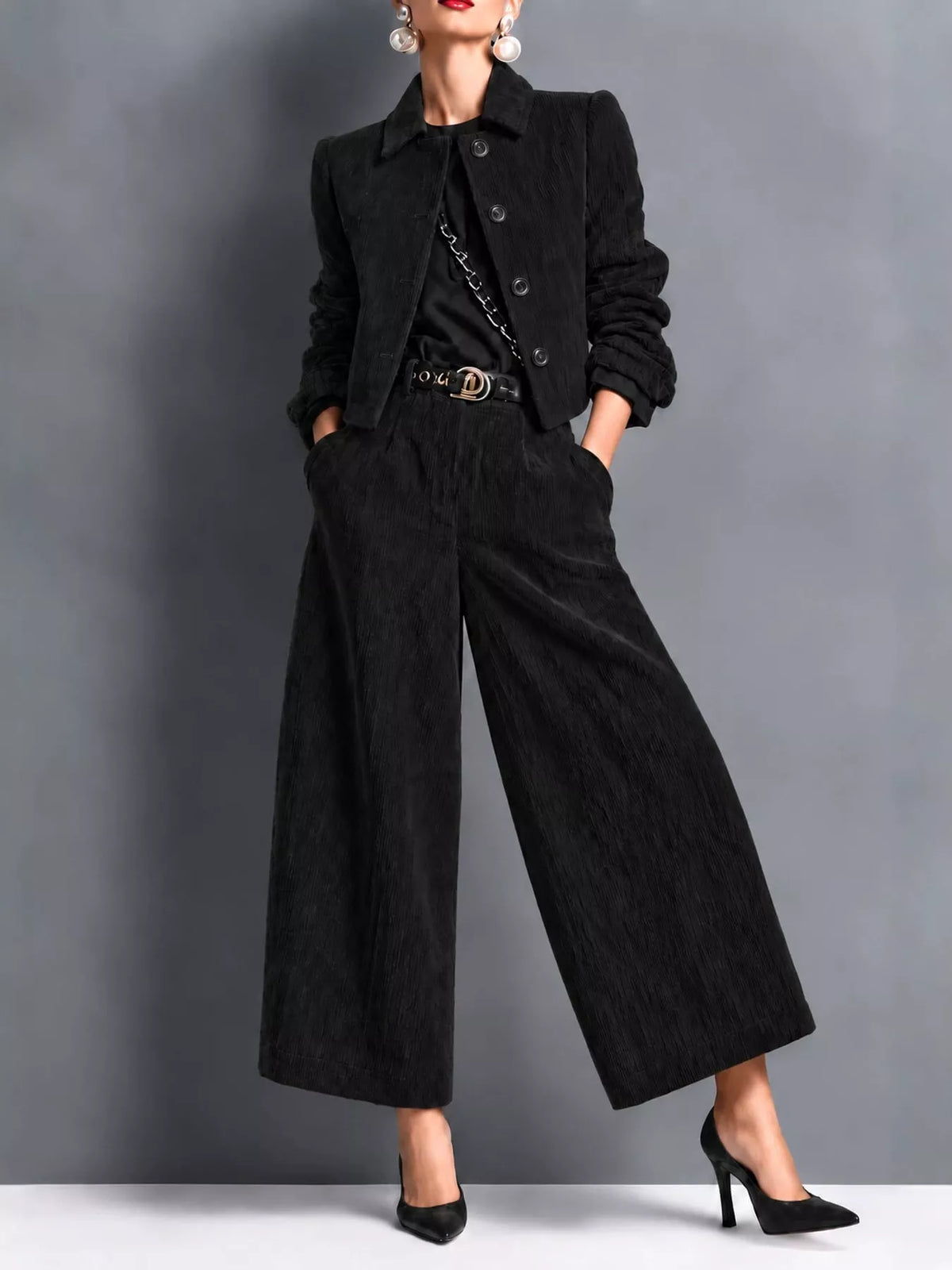 Corduroy Button Up Blazer and Pants Set in black