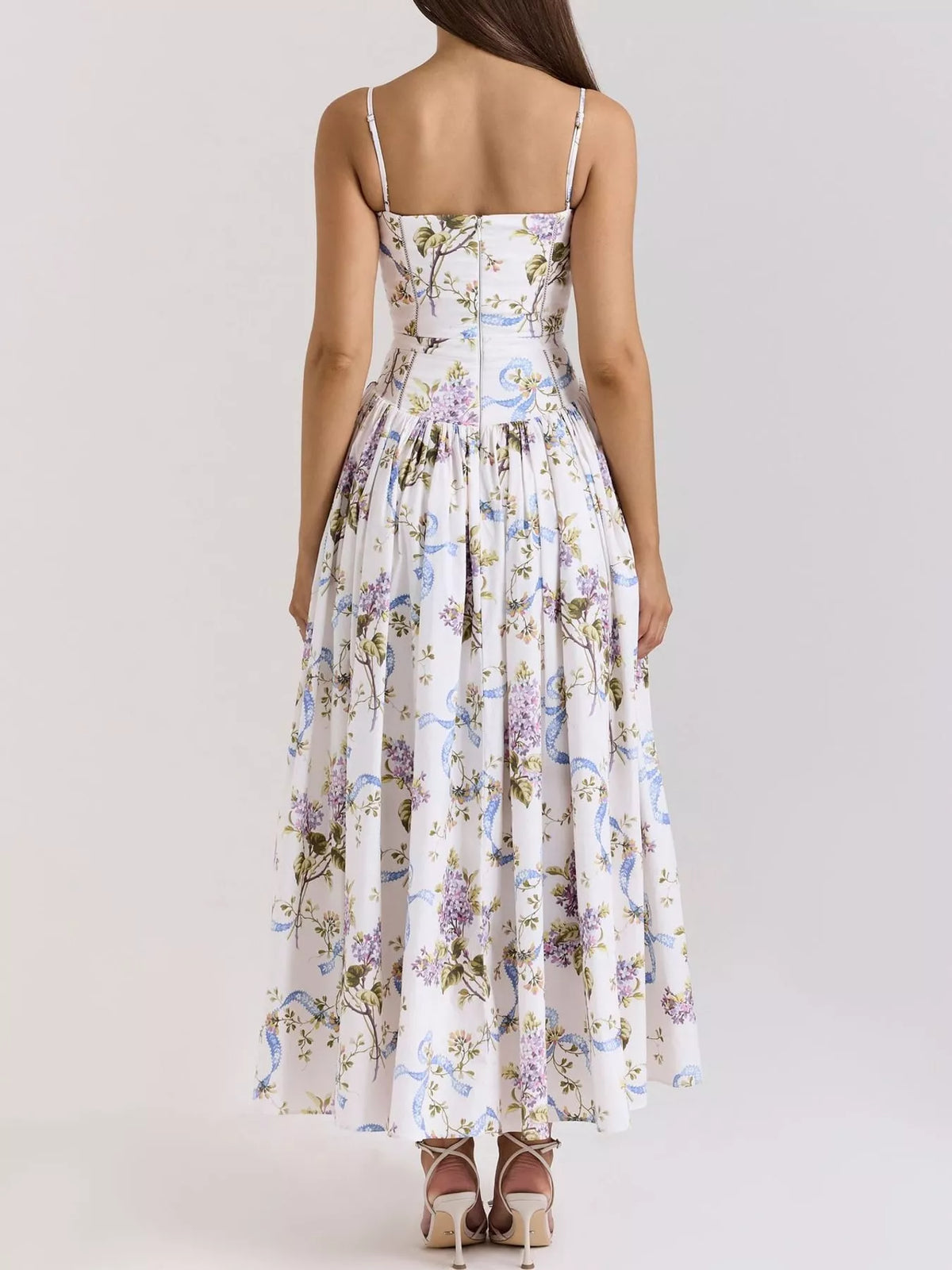 Women's Paneled Bodice Gathered Midi Dress in blue floral — back view