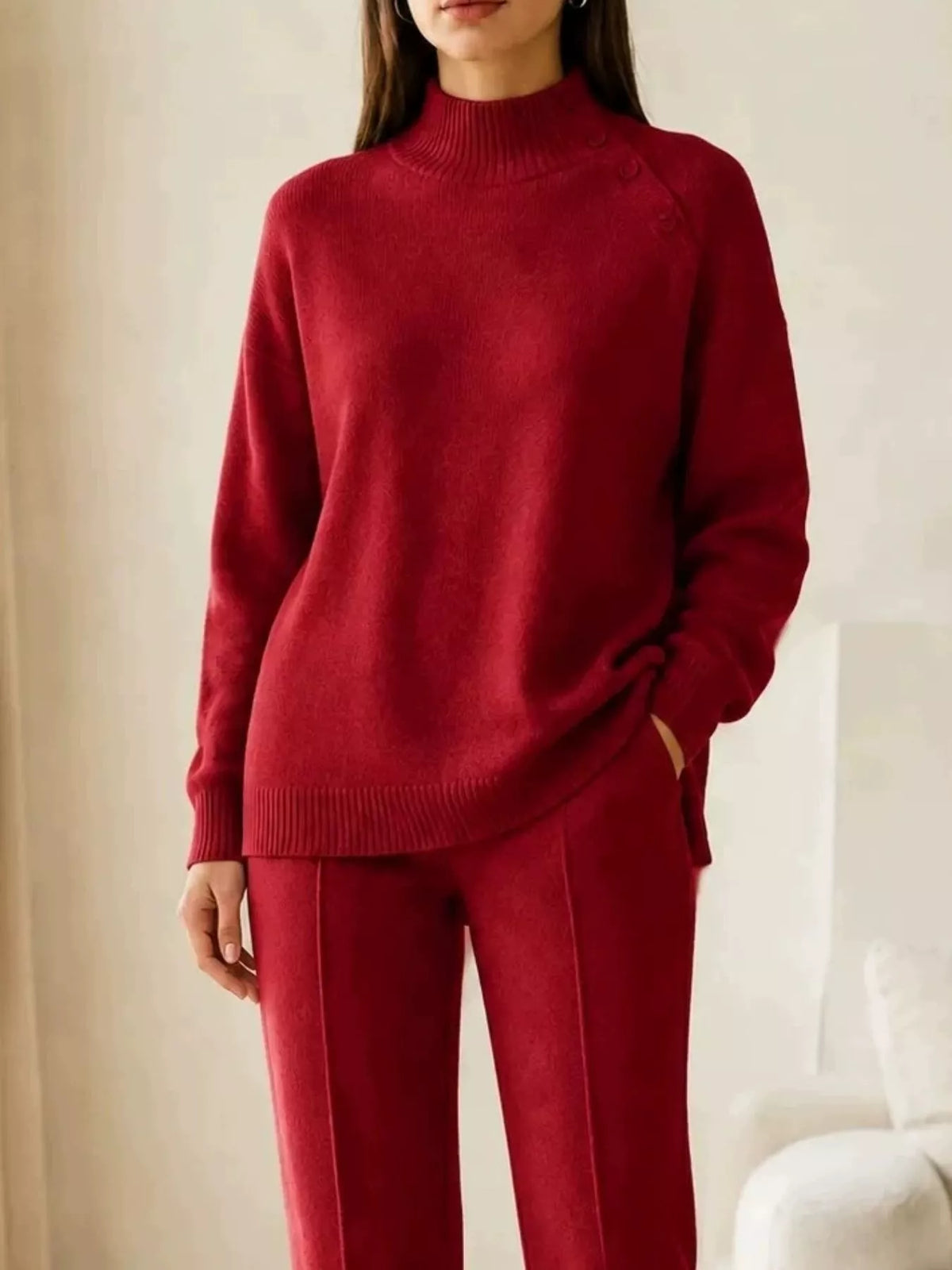 Red mock neck button-detail sweater and pants set — design and construction details